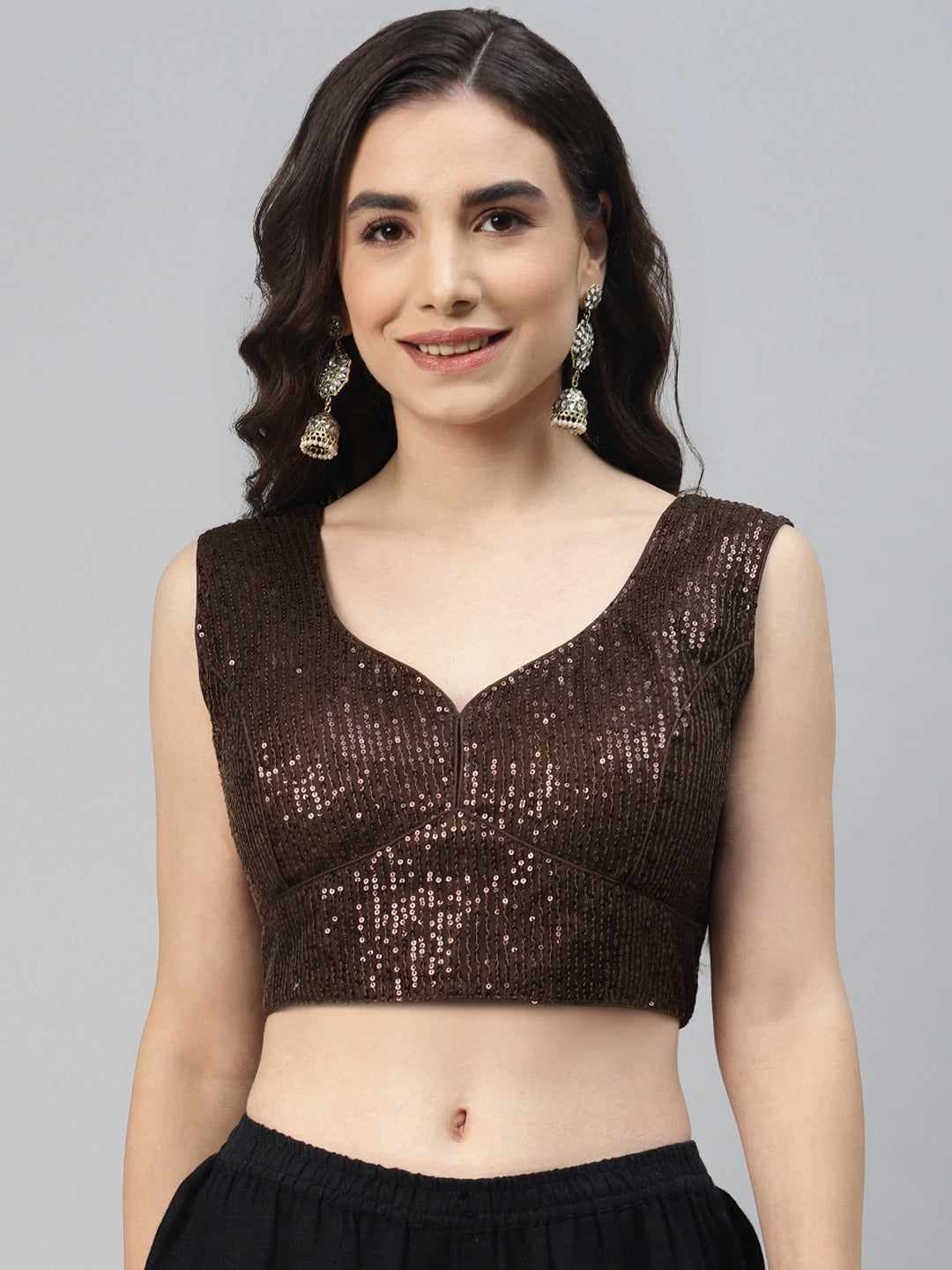 Women Brown Sequined Padded Saree Blouse