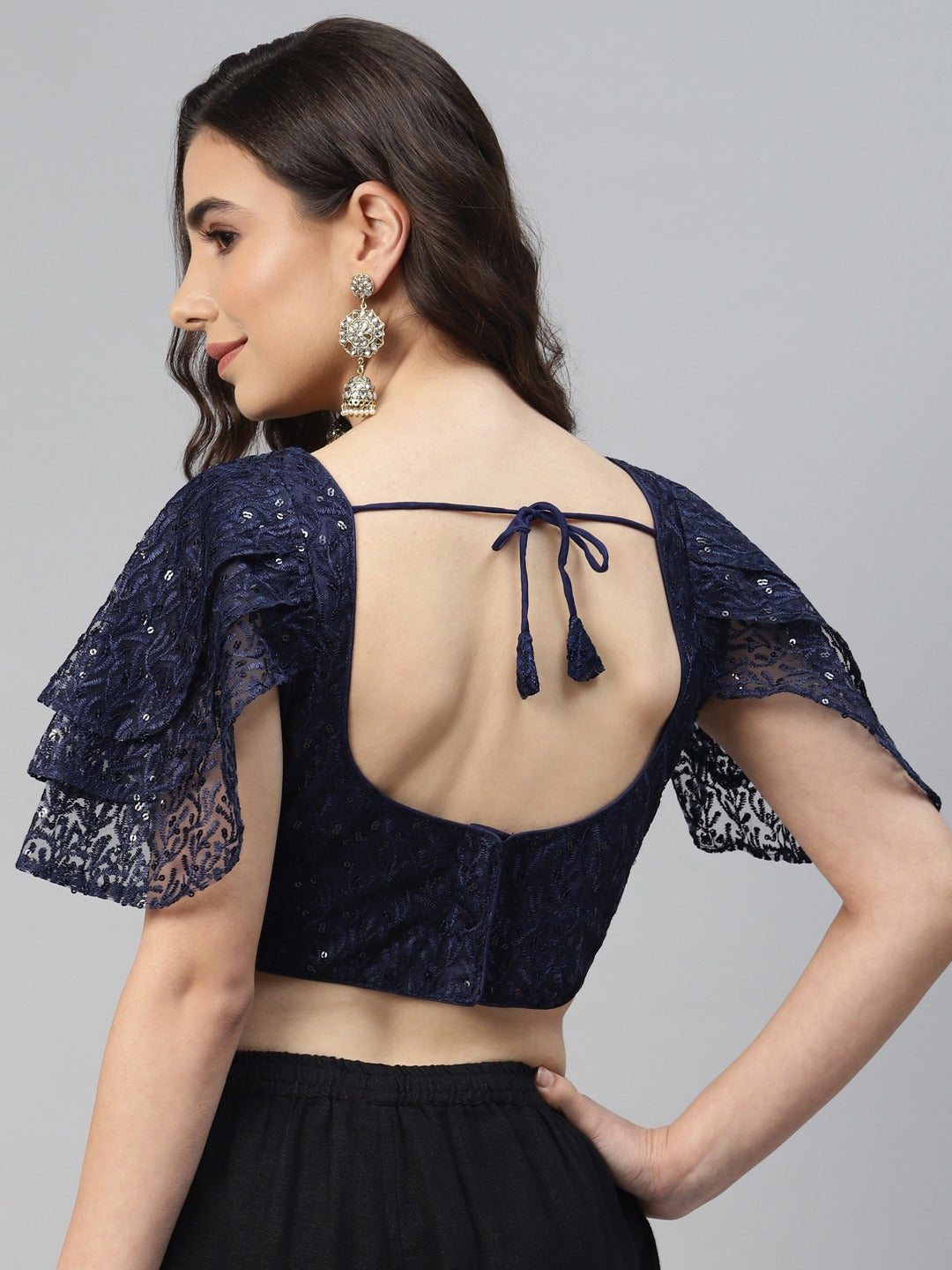 Women Navy Blue Sequined Padded Saree Blouse