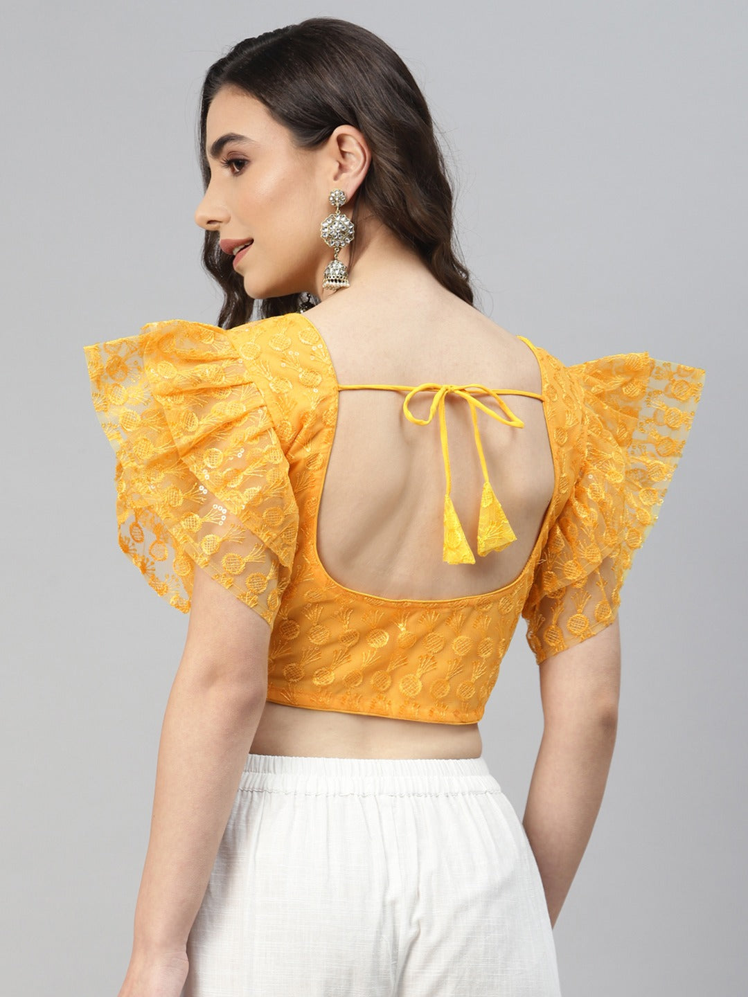 Women Yellow Sequined & Embroidered Padded Saree Blouse