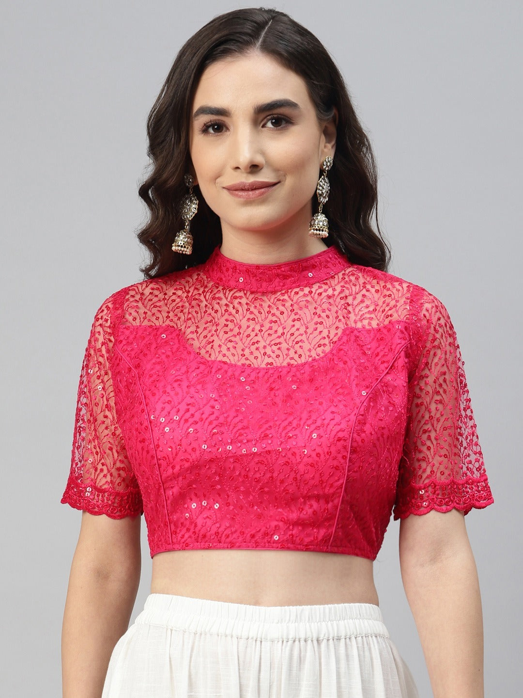 Women Fuchsia Pink Sequined Padded Saree Blouse