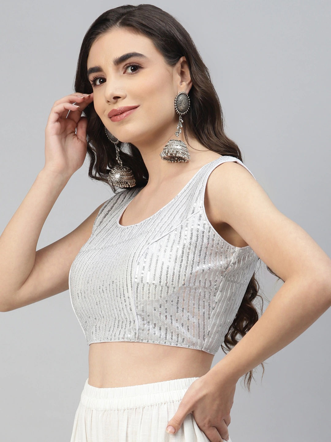 Women White & Silver Sequined Padded Saree Blouse