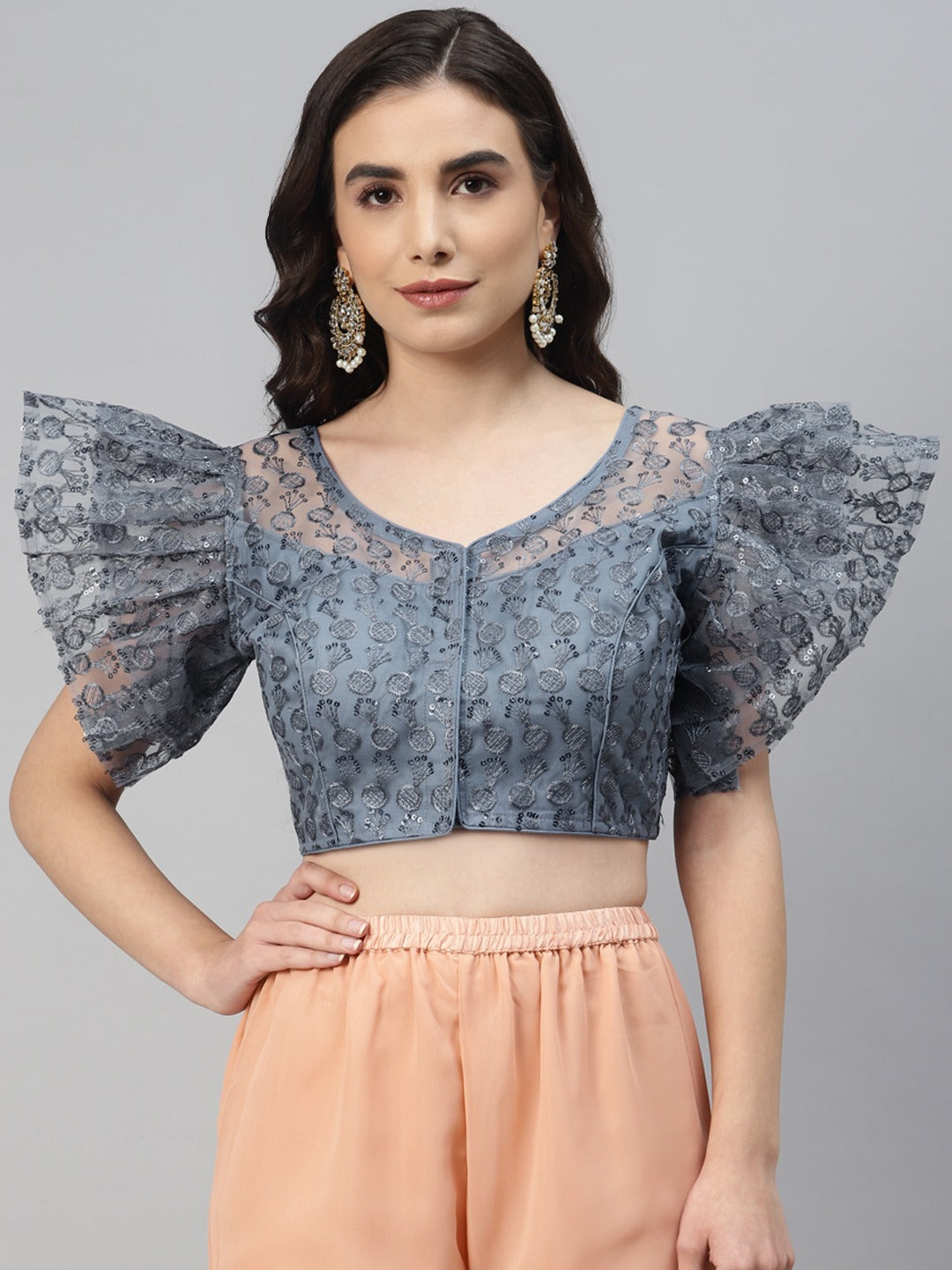 Grey Sequinned Georgette Net Saree Blouse