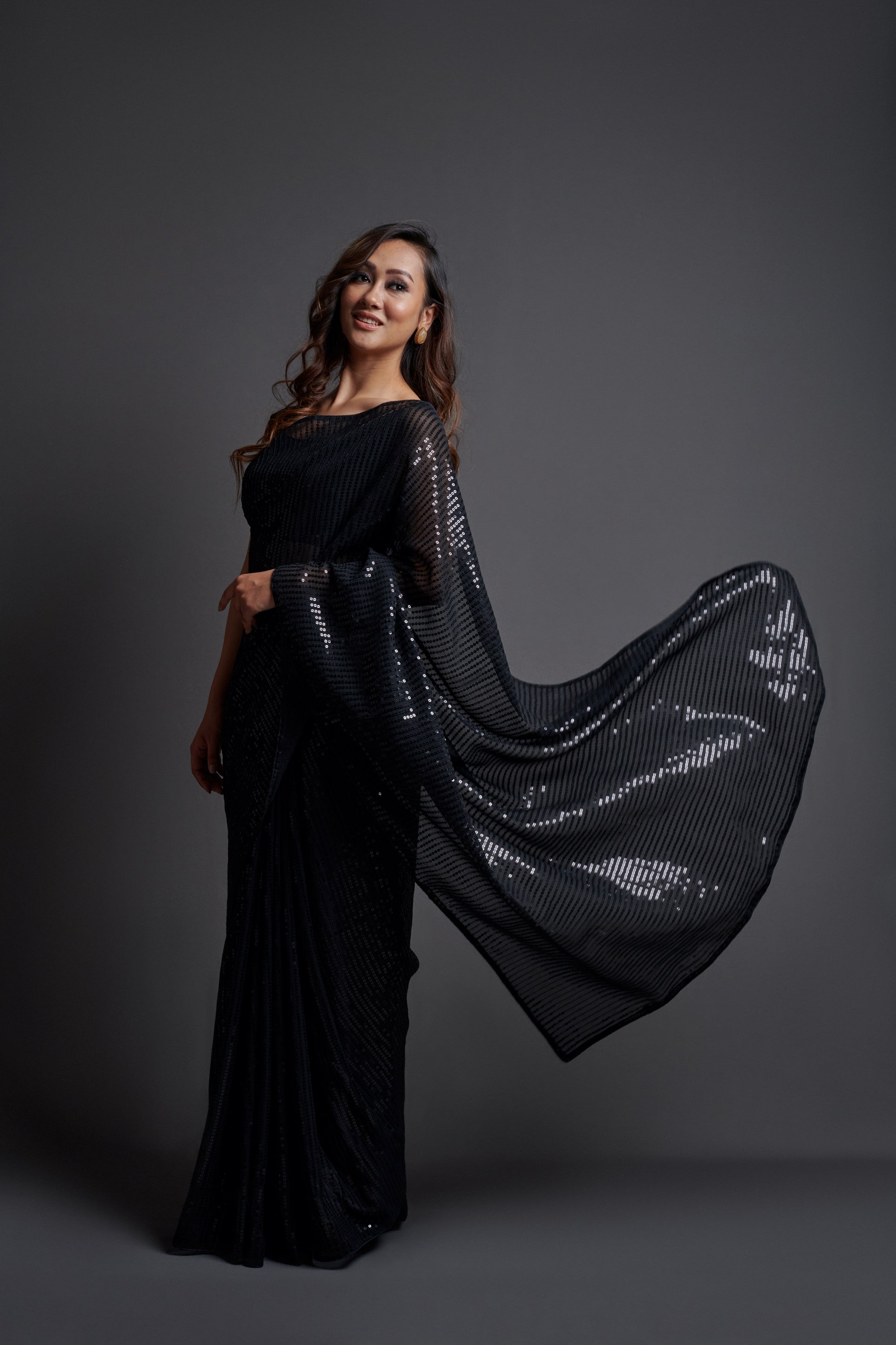 Georgette Sequence Black Solid Saree For Women