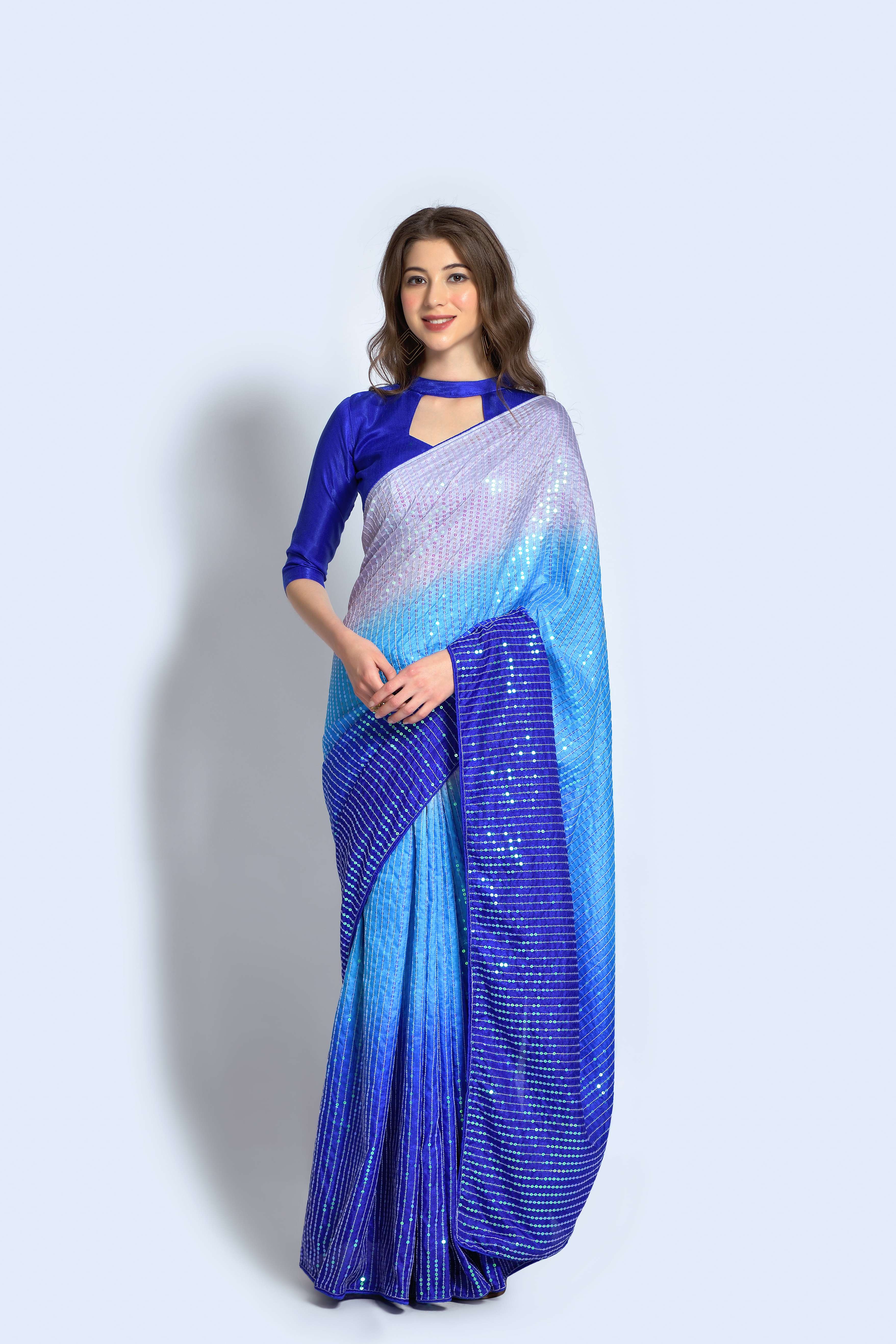 Beautiful Sequance Embroidery Blue Saree For Women