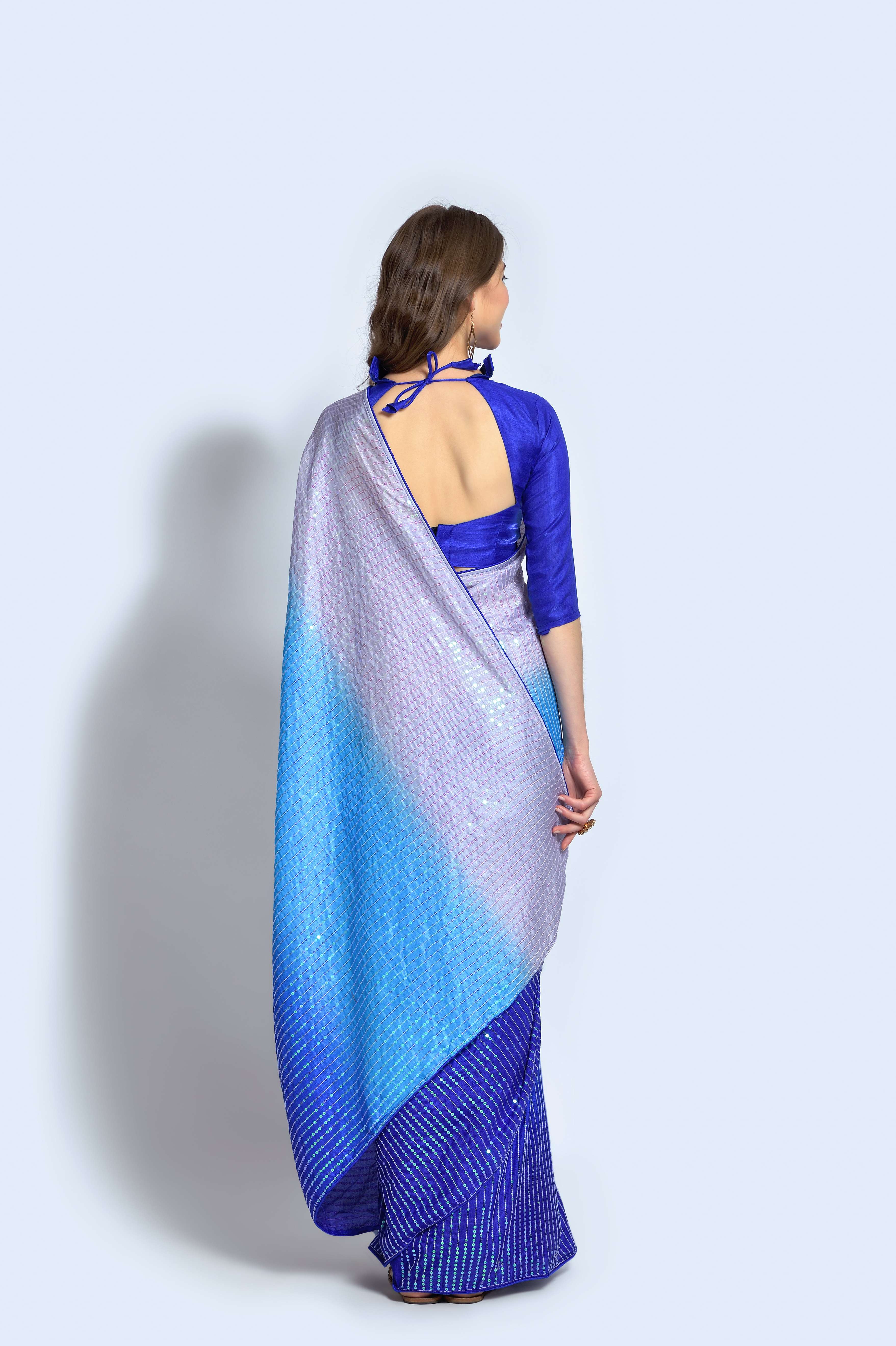 Beautiful Sequance Embroidery Blue Saree For Women