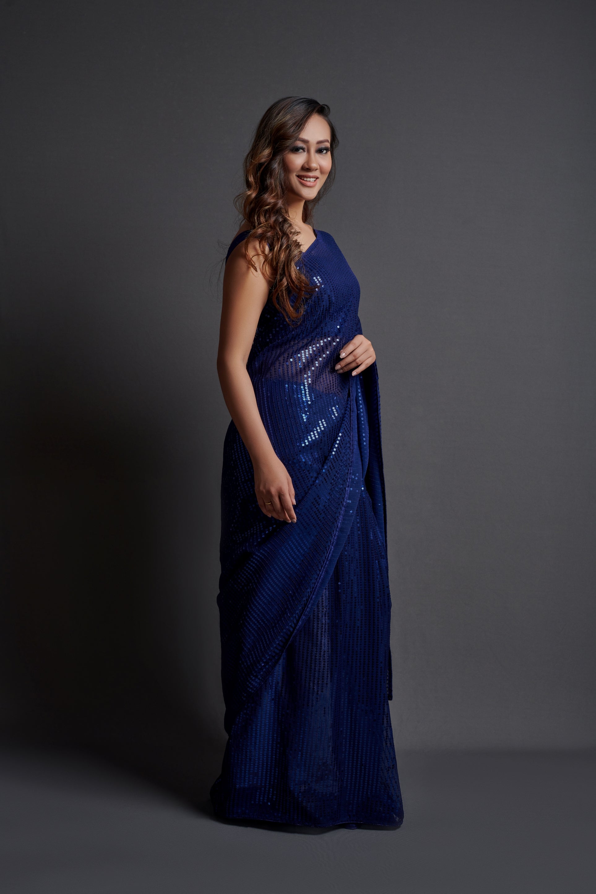 Georgette Sequence Navy Blue Solid Saree For Women