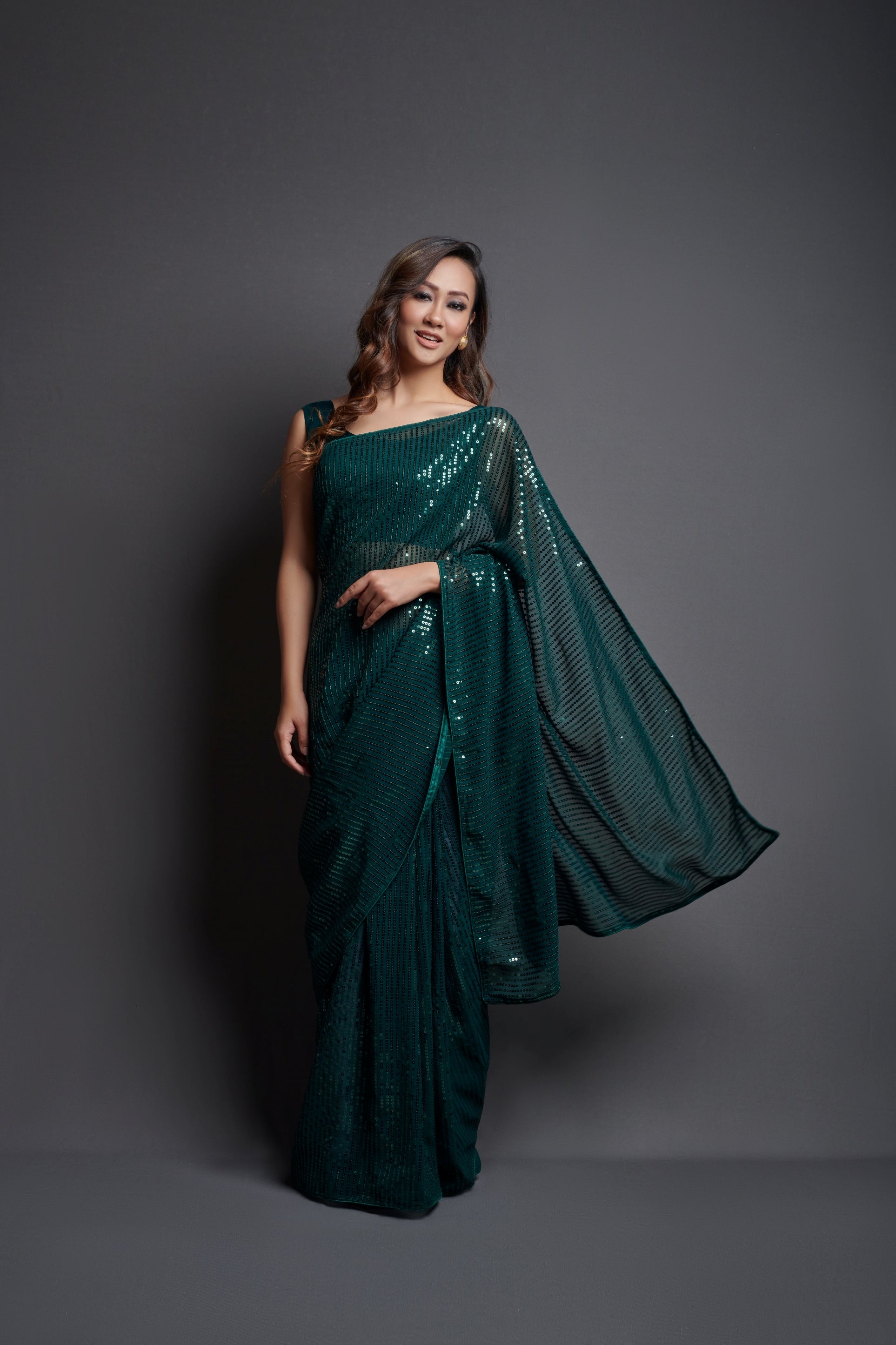 Georgette Sequence Green Solid Saree For Women