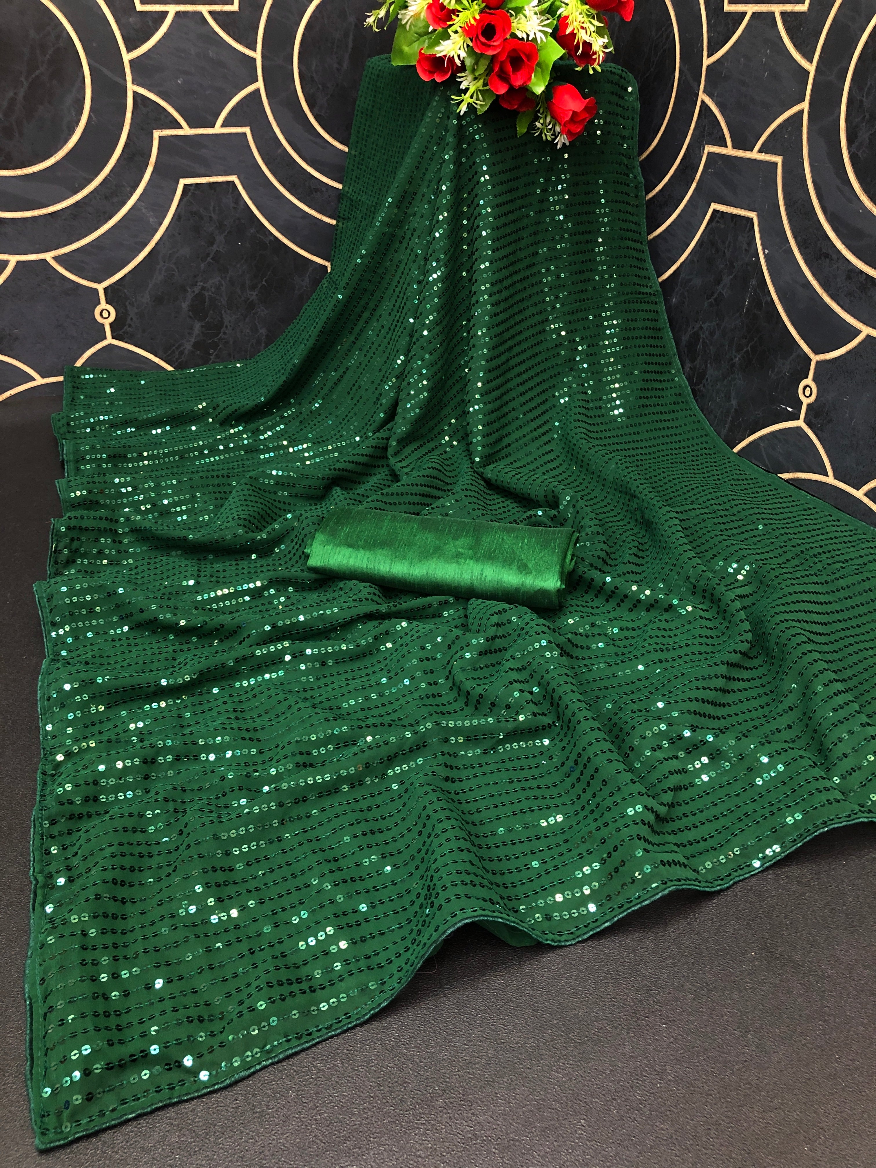 Georgette Sequence Green Solid Saree For Women