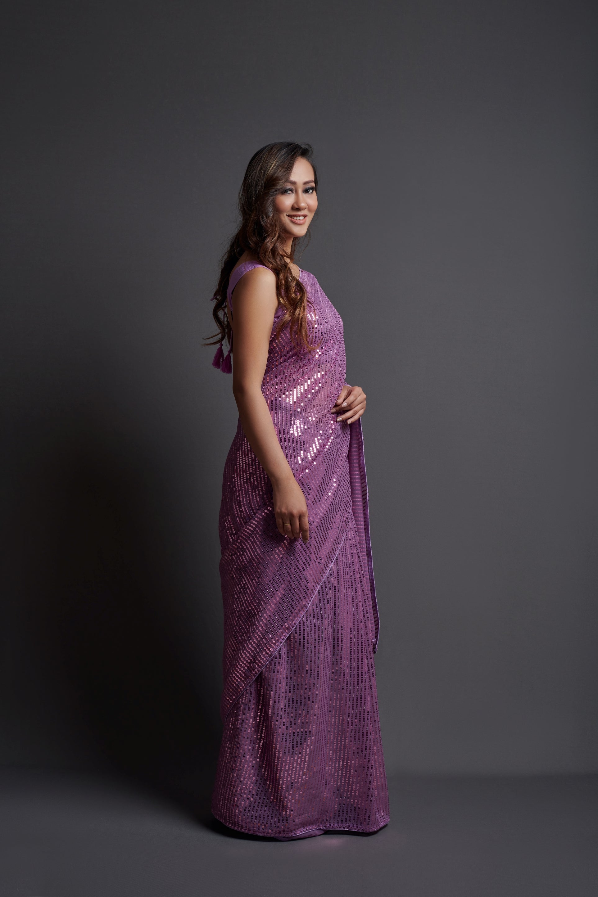Georgette Sequence Purple Solid Saree For Women