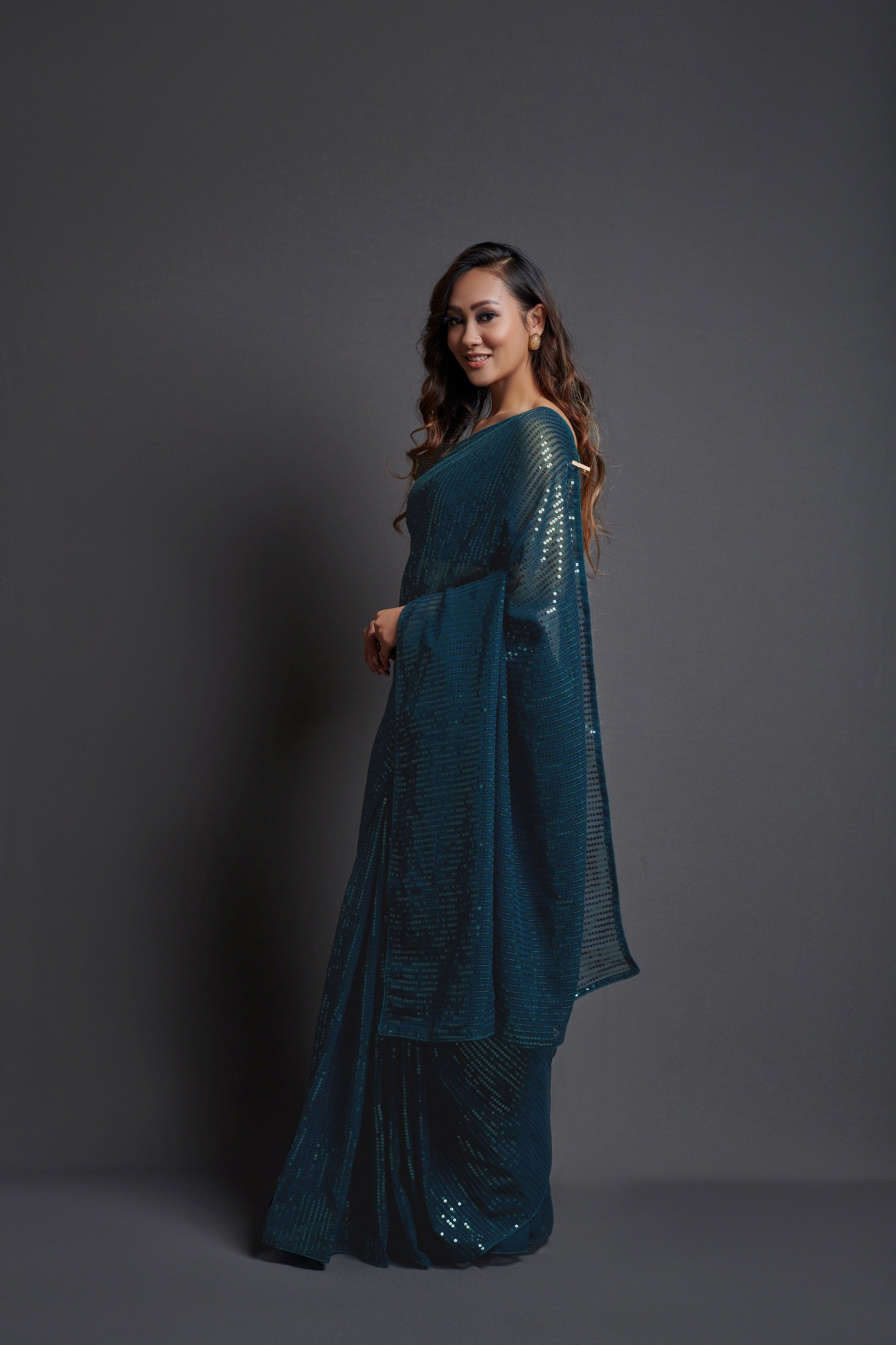 Georgette Sequence Teal Blue Solid Saree For Women
