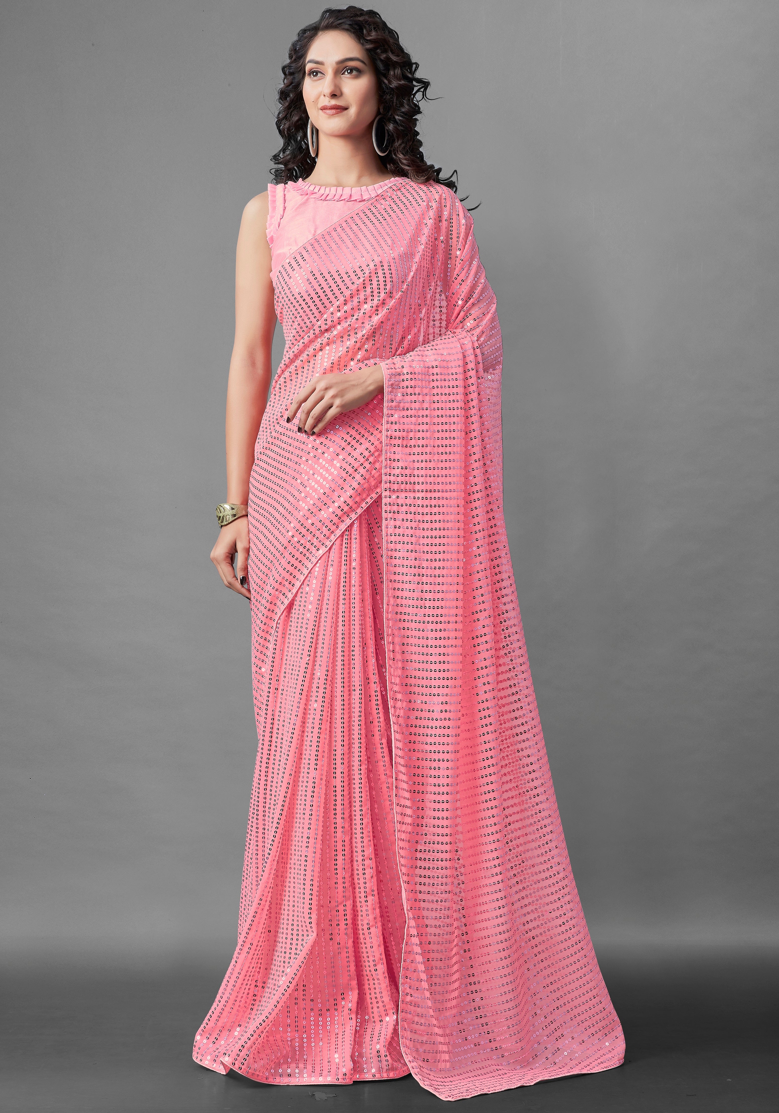 Georgette Sequence Pink Solid Saree For Women