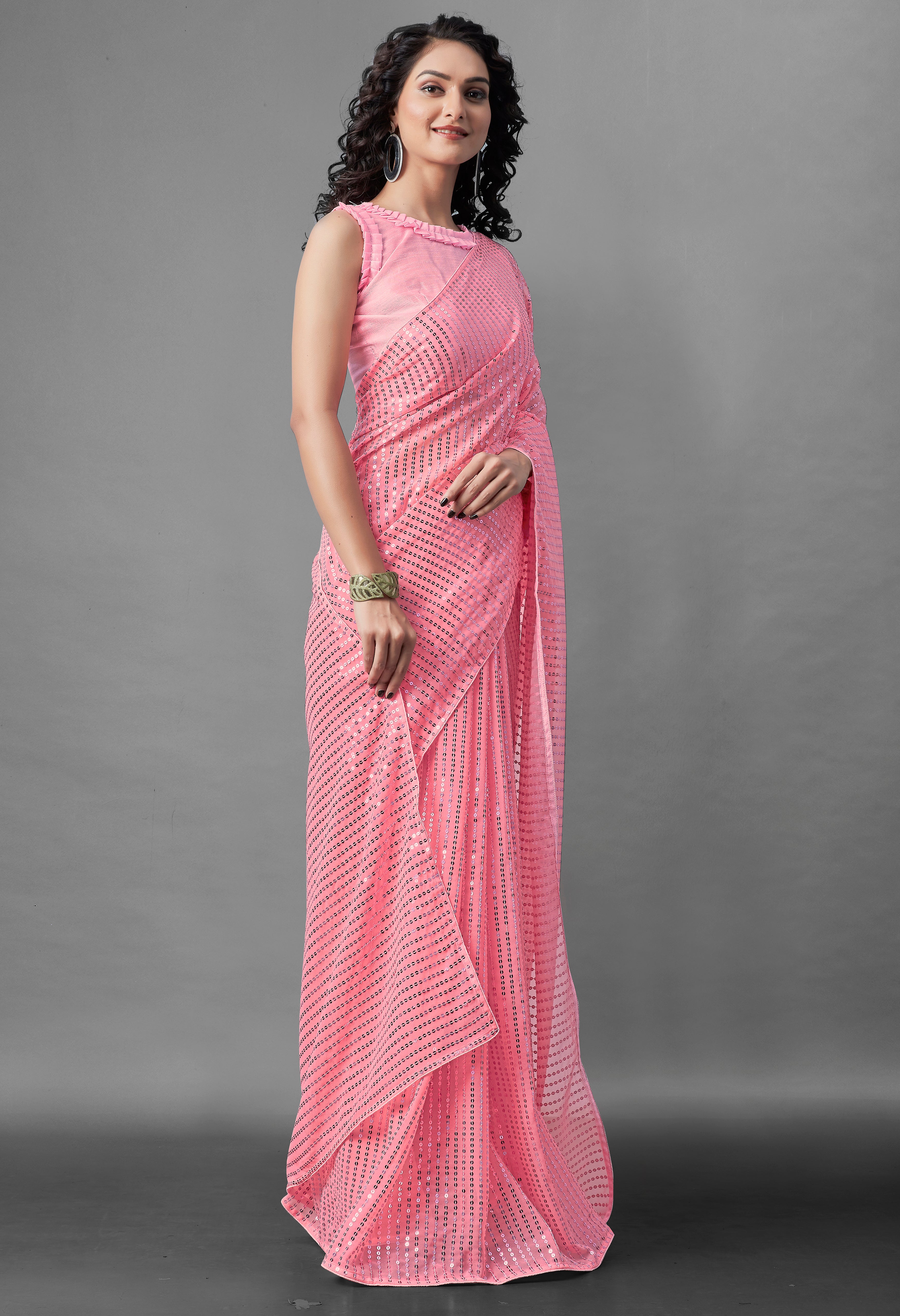 Georgette Sequence Pink Solid Saree For Women