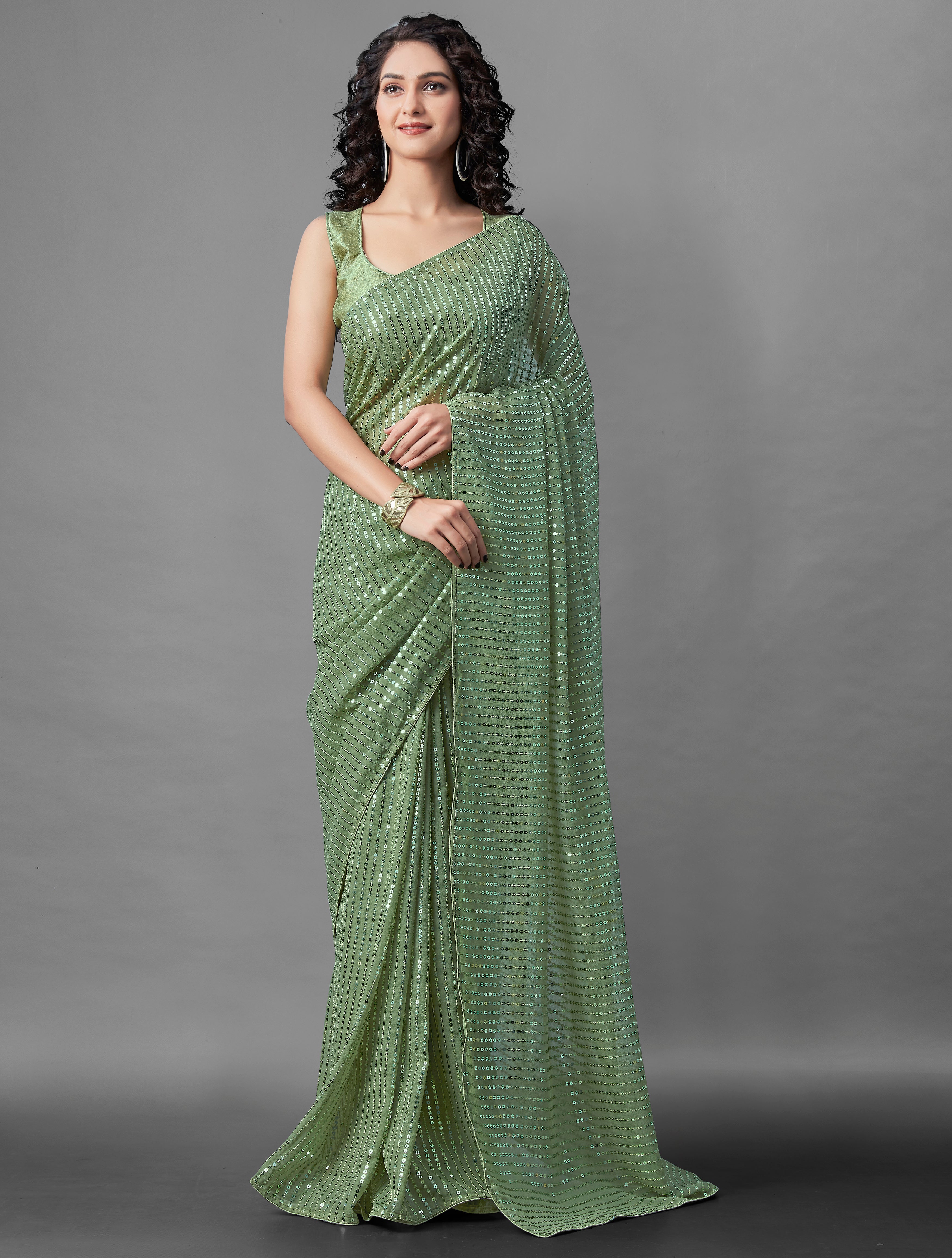 Georgette Sequence Light Green Solid Saree For Women