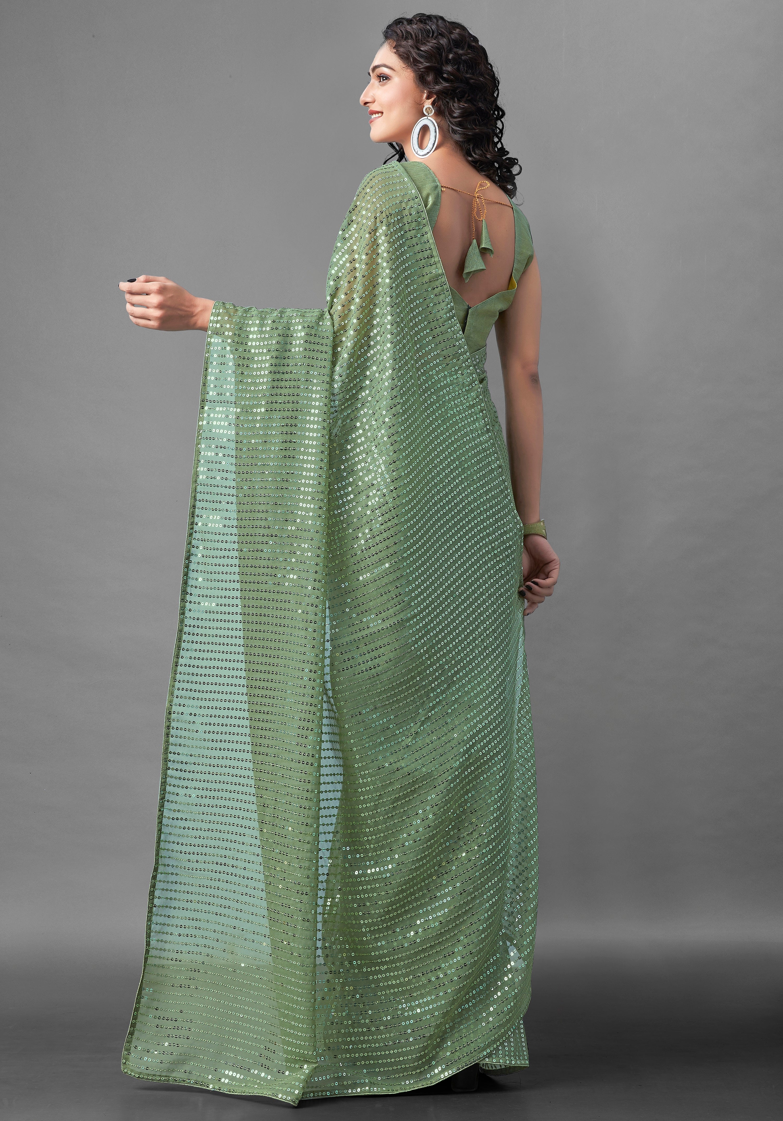 Georgette Sequence Light Green Solid Saree For Women