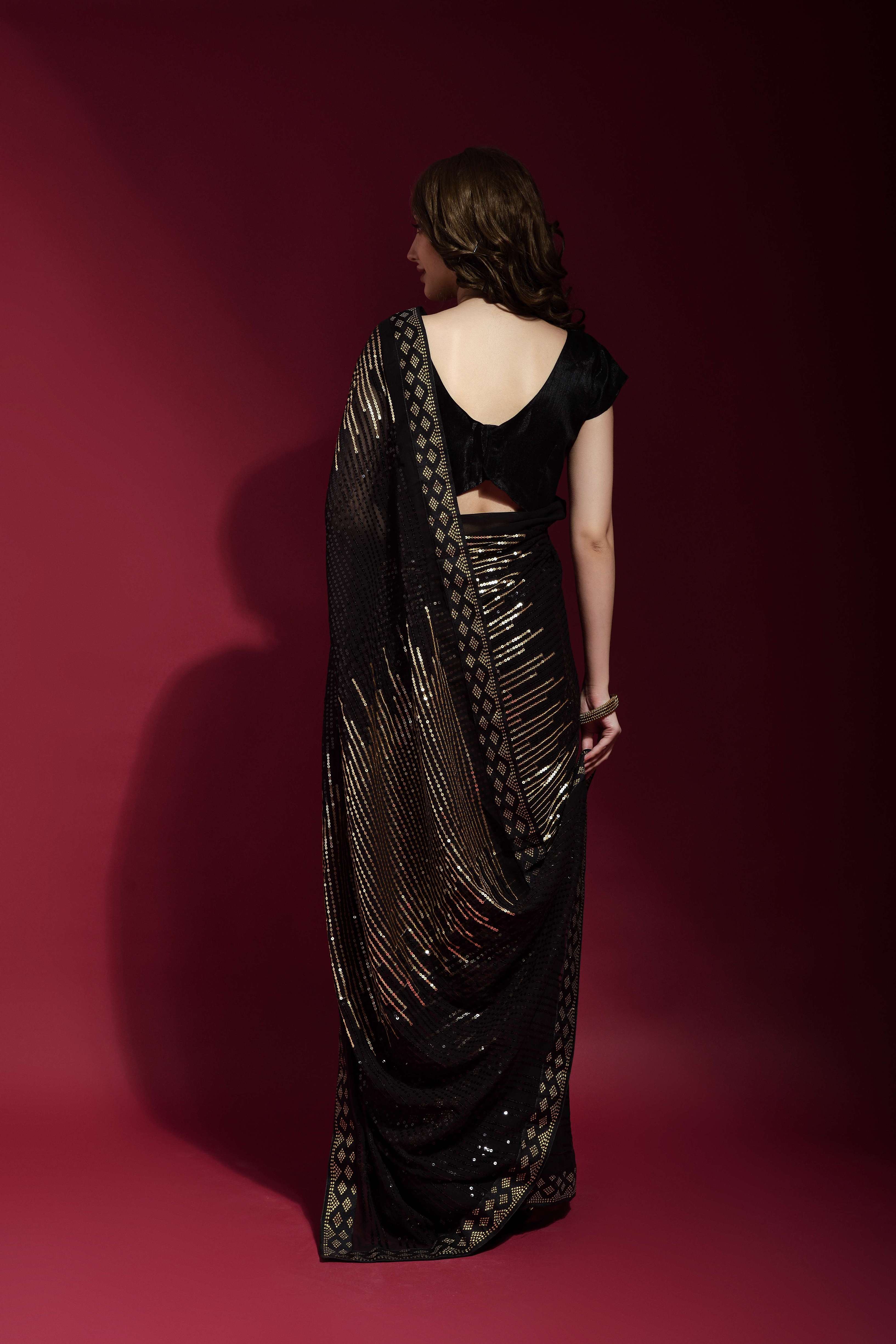 Beautiful Sequance Embroidery Work Black & Golden Saree For Women