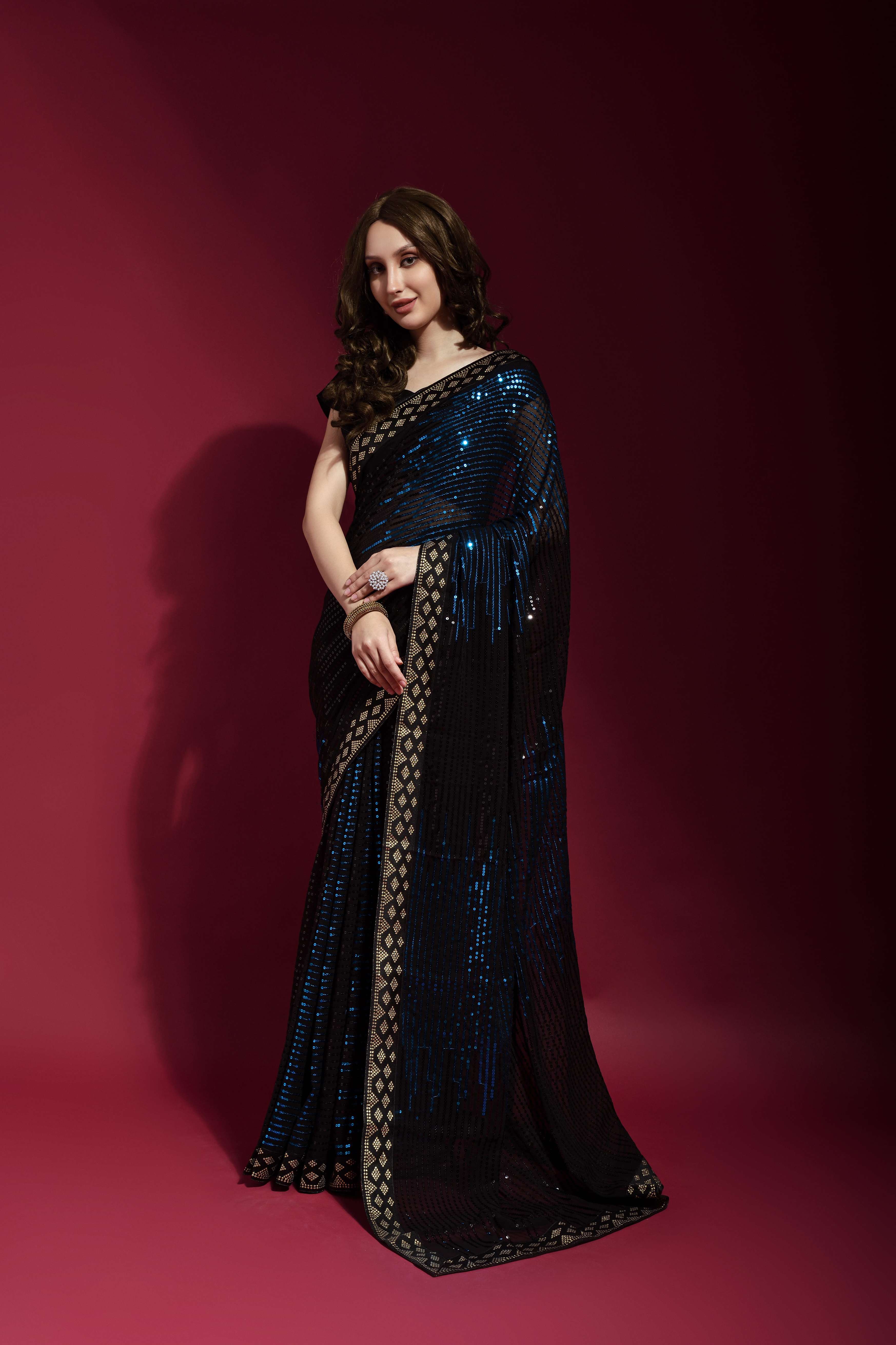 Beautiful Sequance Embroidery Work Black & Teal Blue Saree For Women