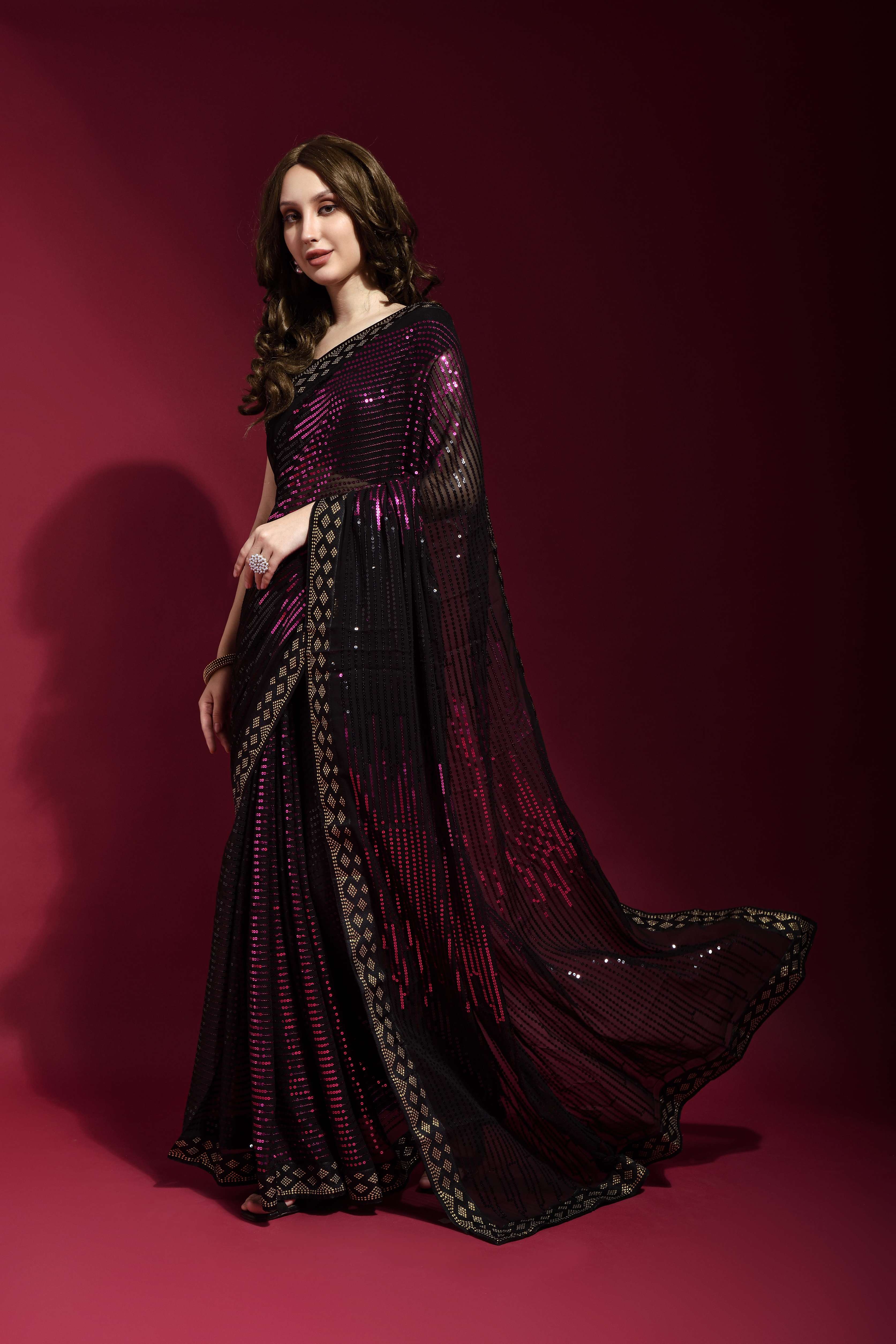 Beautiful Sequance Embroidery Work Black & Pink Saree For Women