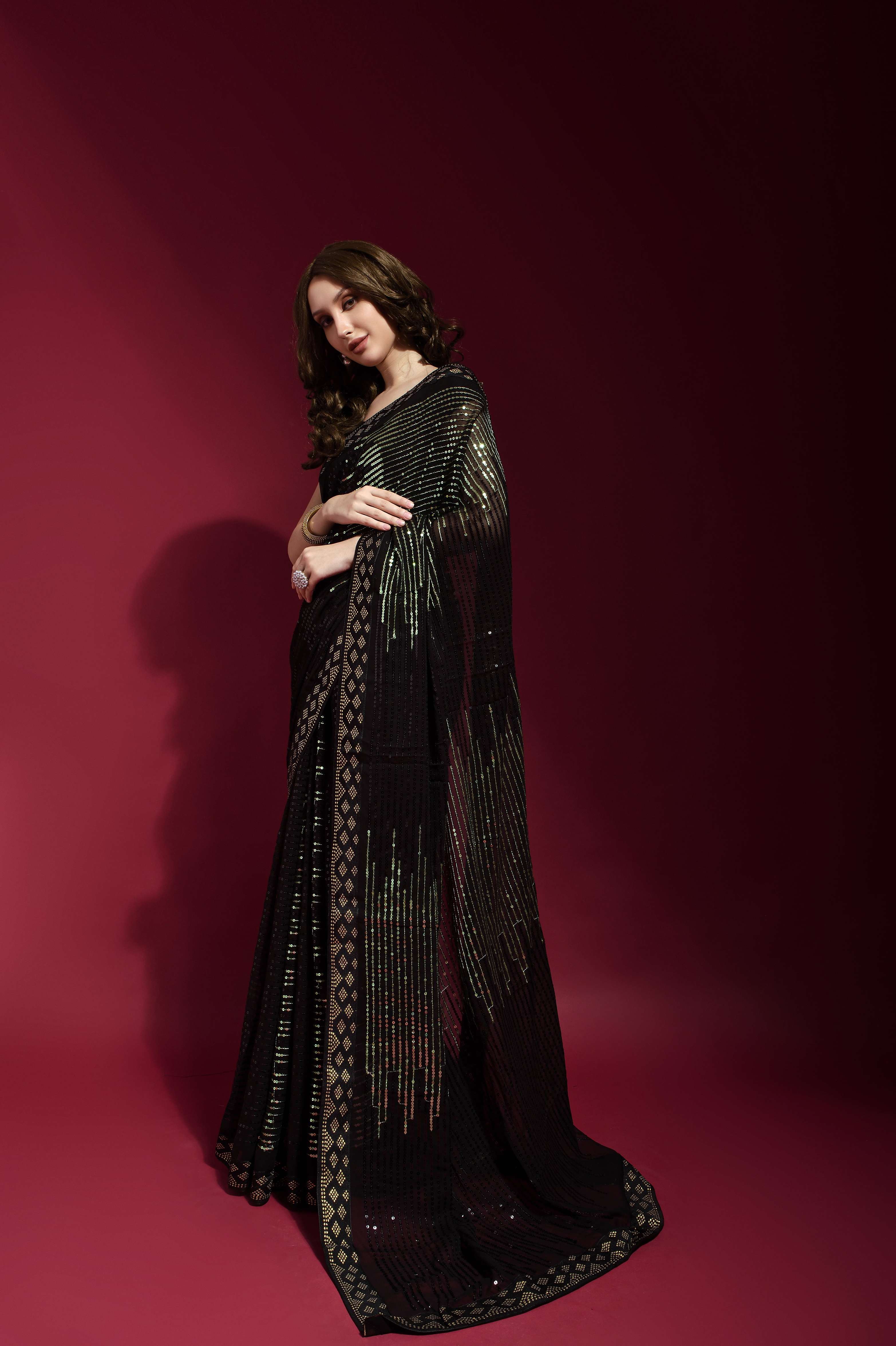 Beautiful Sequance Embroidery Work Black & Light Green Saree For Women