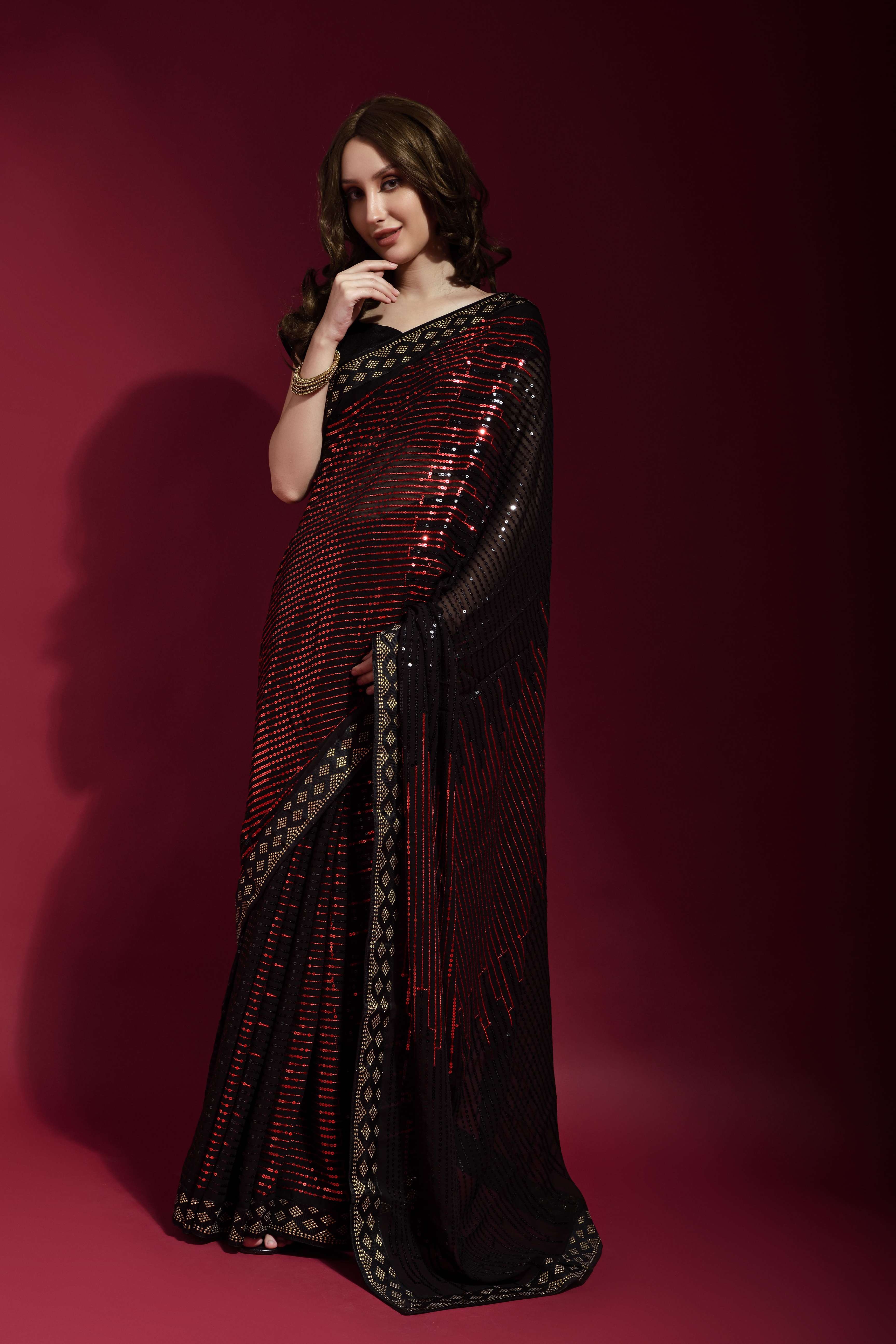 Beautiful Sequance Embroidery Work Black & Red Saree For Women