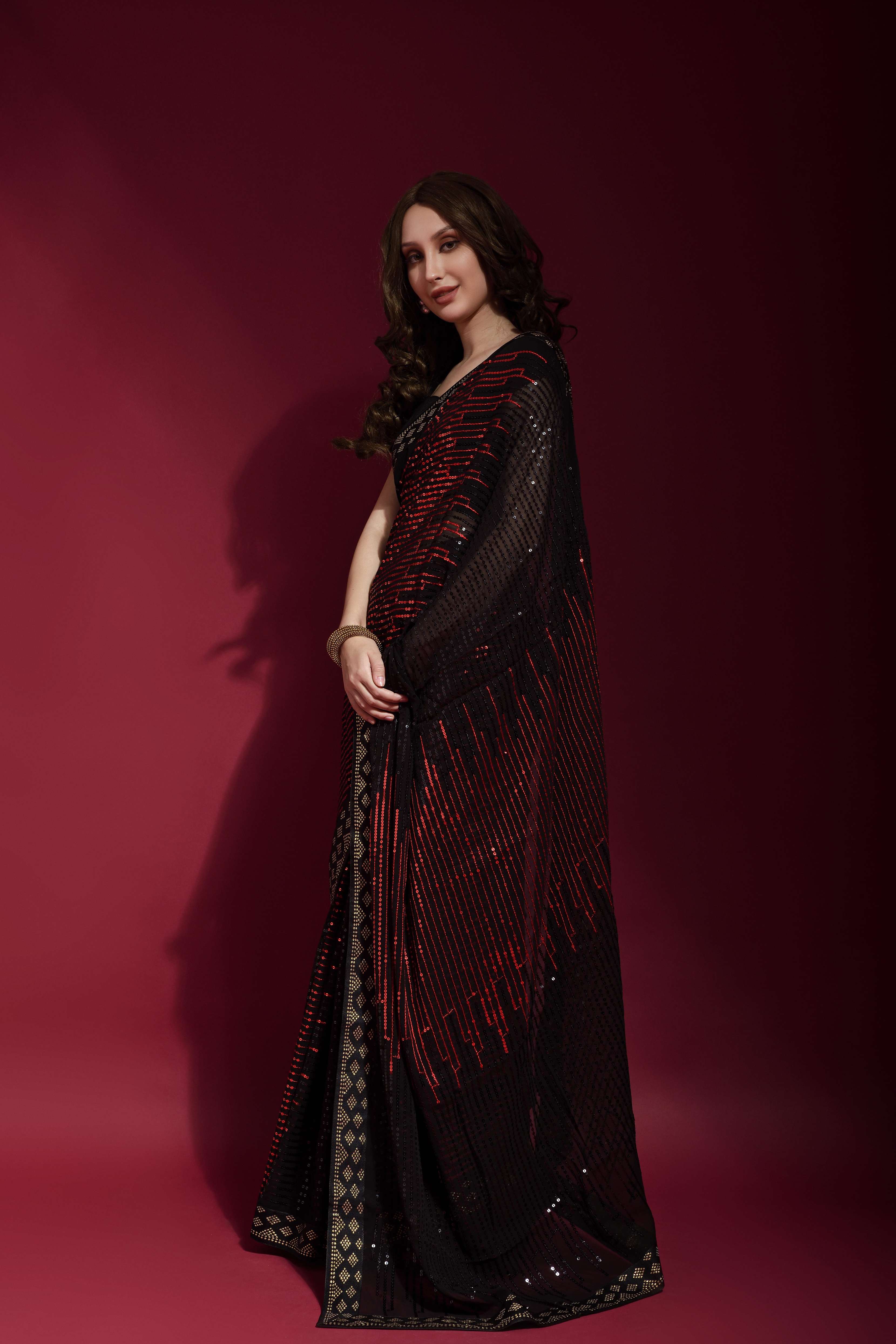 Beautiful Sequance Embroidery Work Black & Red Saree For Women