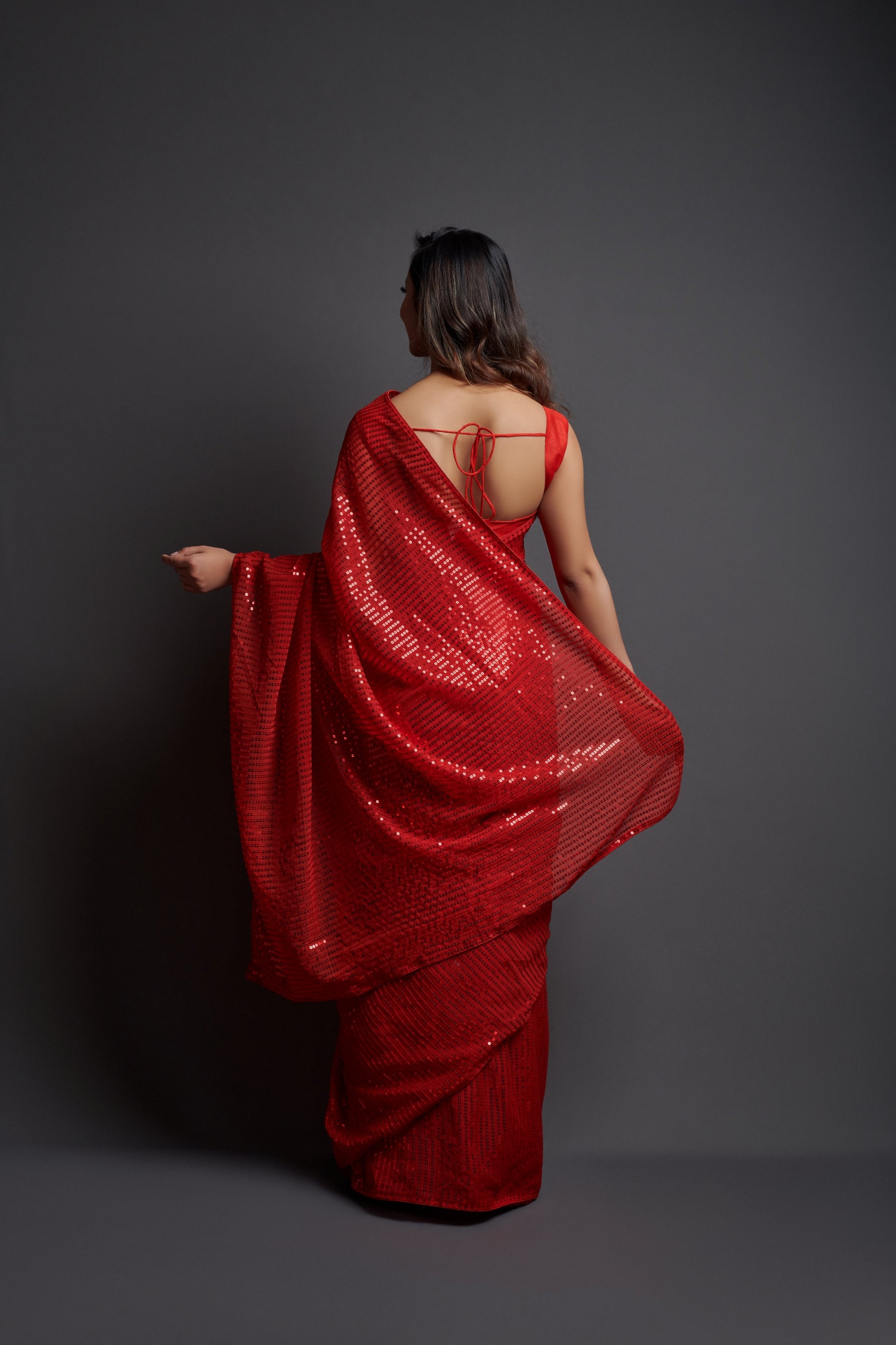 Georgette Sequence Red Solid Saree For Women