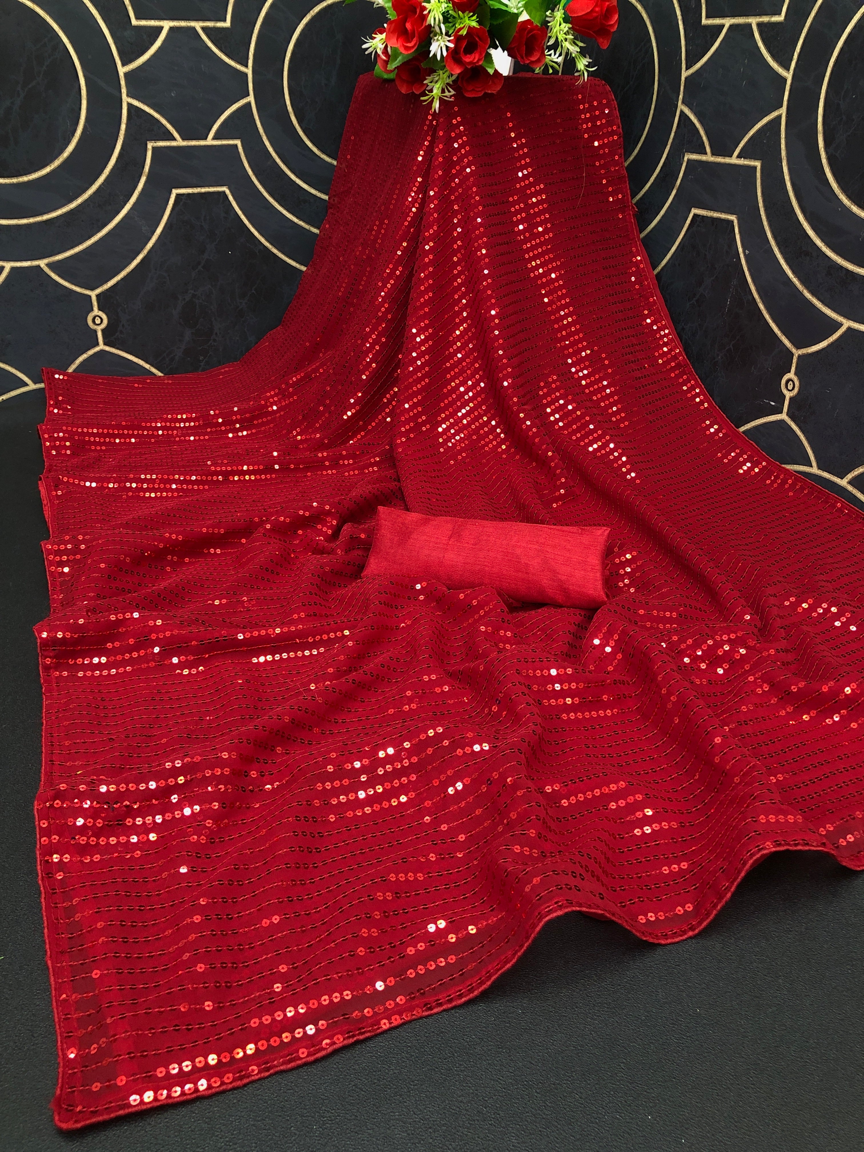 Georgette Sequence Red Solid Saree For Women