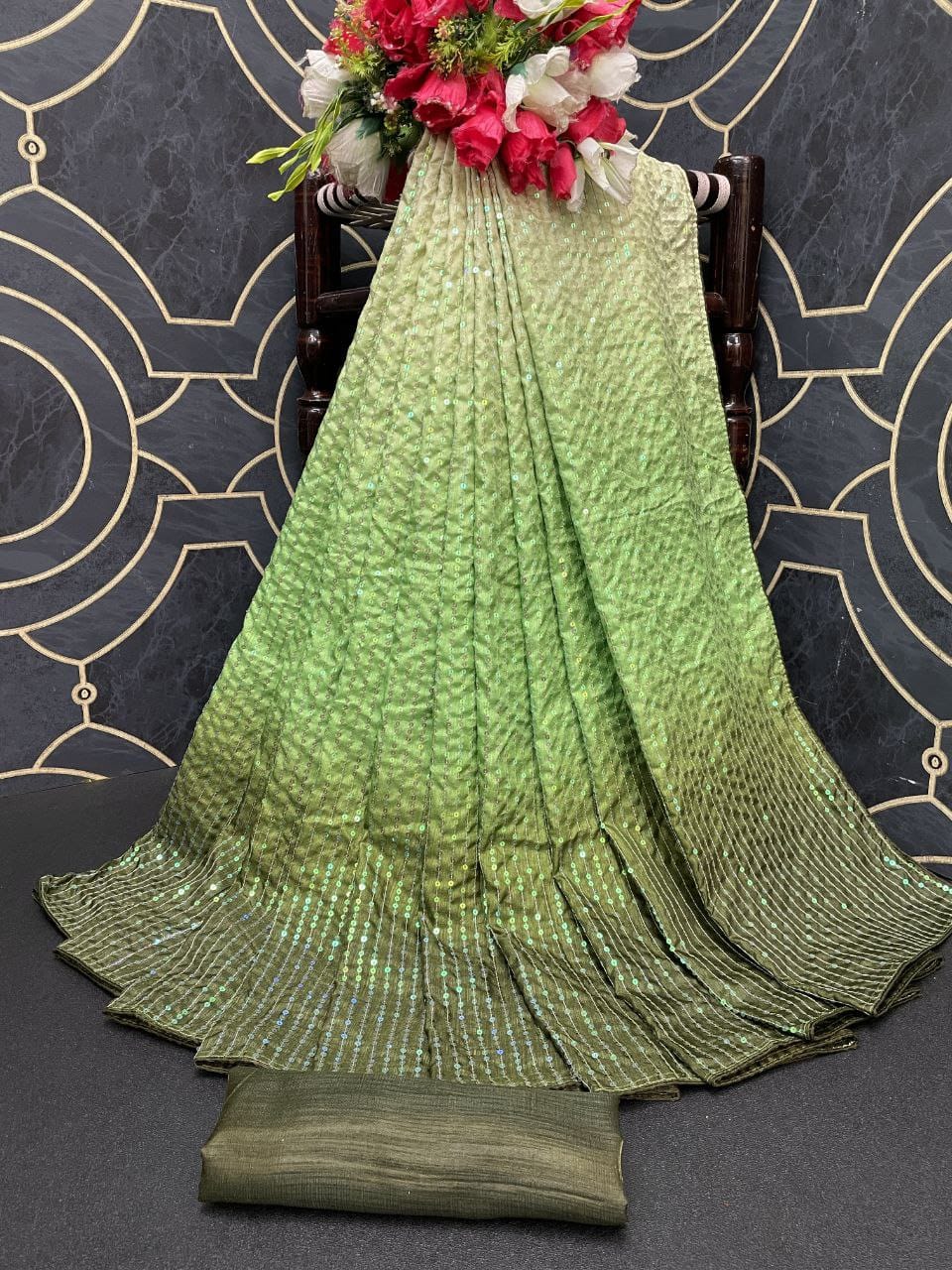 Beautiful Sequance Embroidery Green Saree For Women