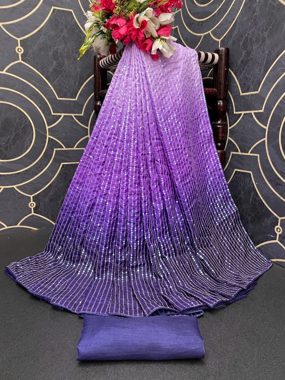 Beautiful Sequance Embroidery Purple Saree For Women