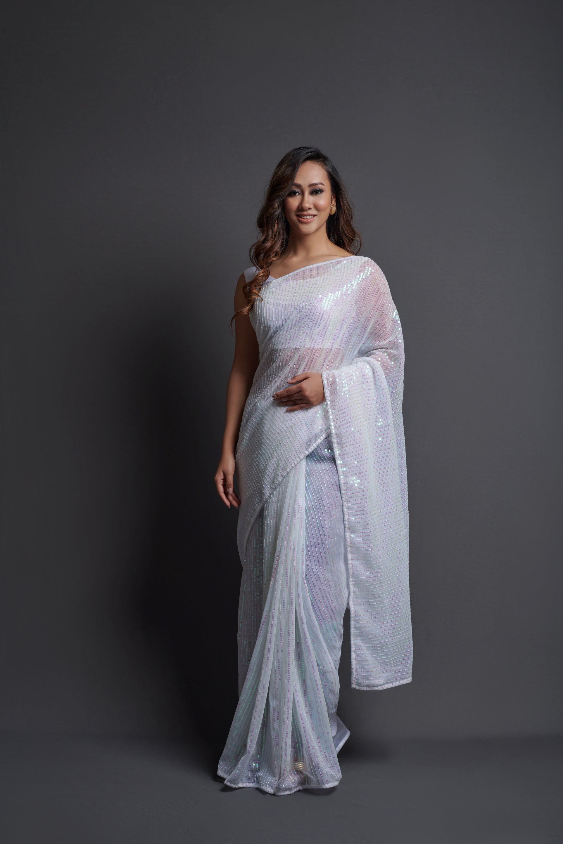 Georgette Sequence White Solid Saree For Women