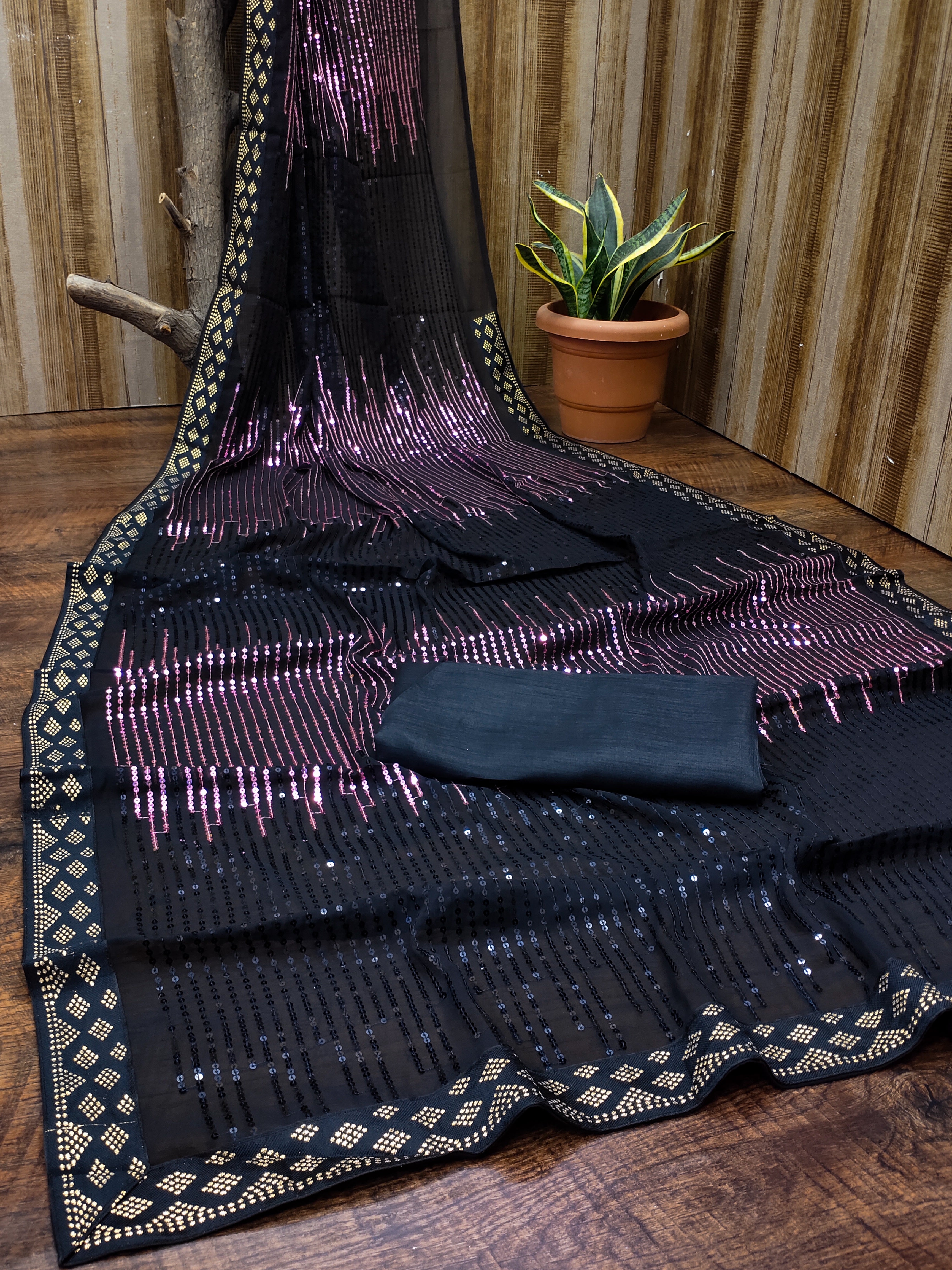 Beautiful Sequance Embroidery Work Black & Pink Saree For Women
