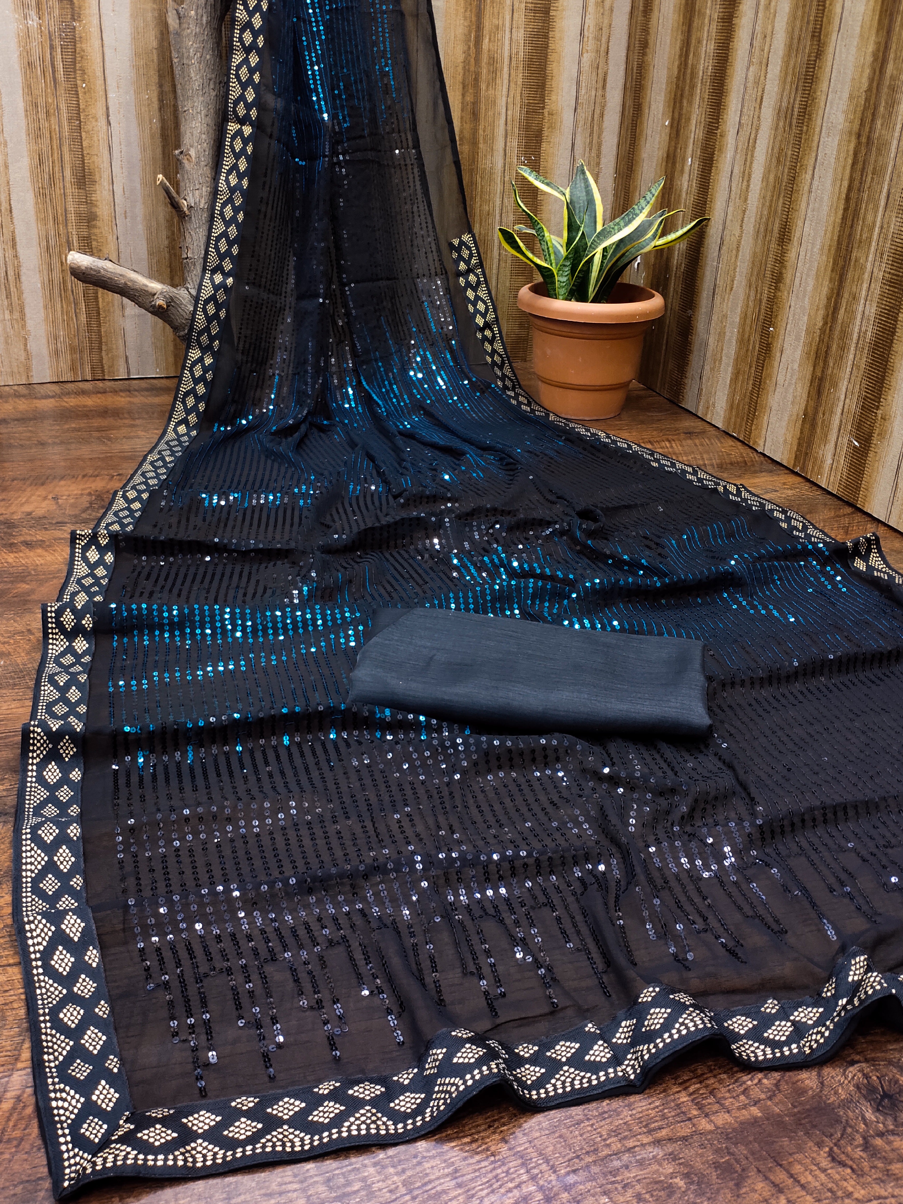 Beautiful Sequance Embroidery Work Black & Teal Blue Saree For Women