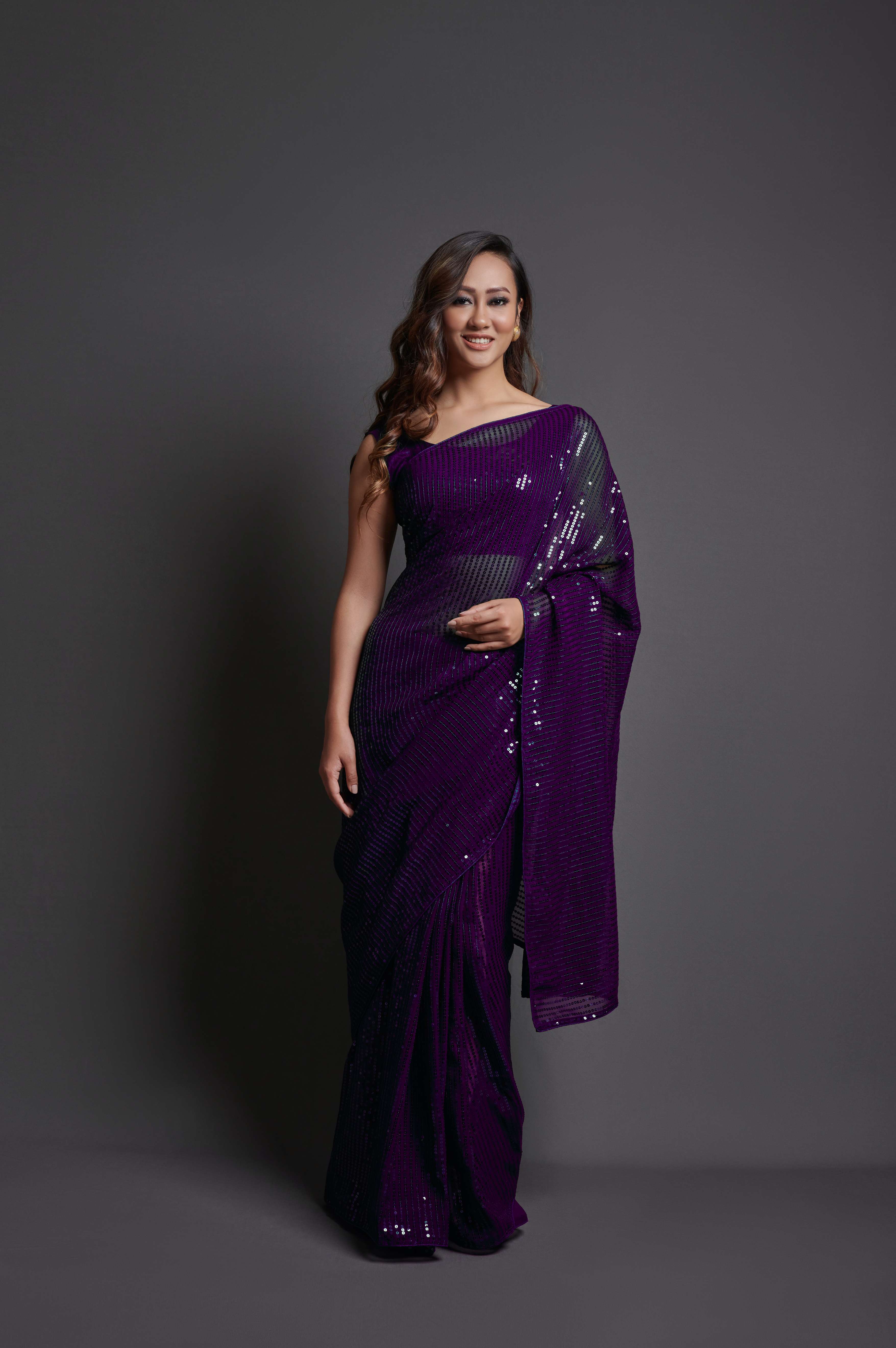 Georgette Sequence Wine Solid Saree For Women