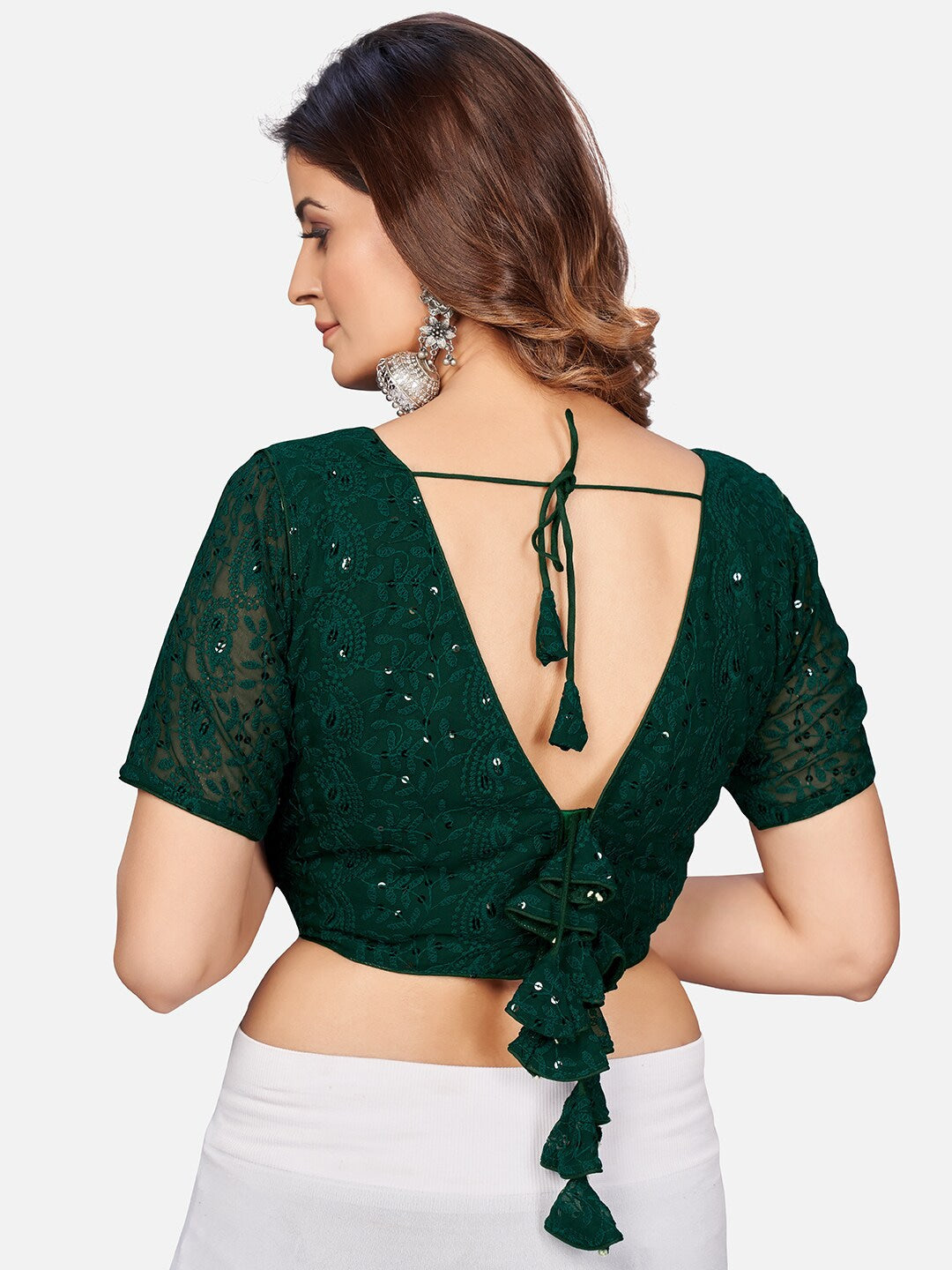Green Embroidered Chikankari Saree Blouse For Women
