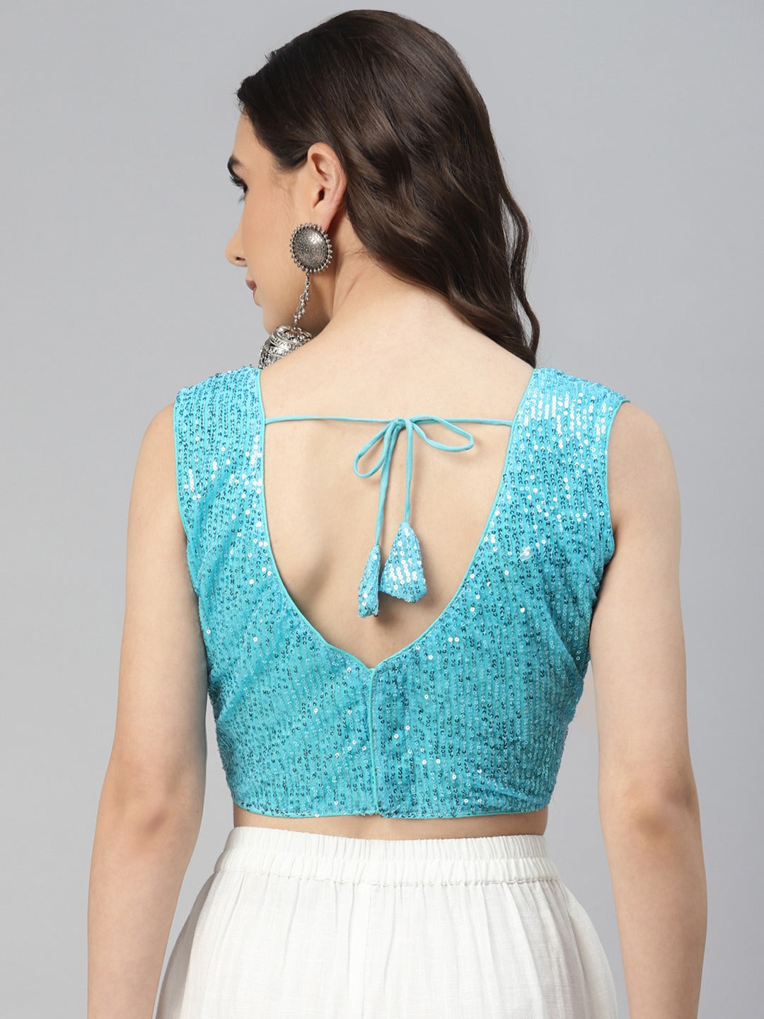 Women Blue Sequined Padded Saree Blouse
