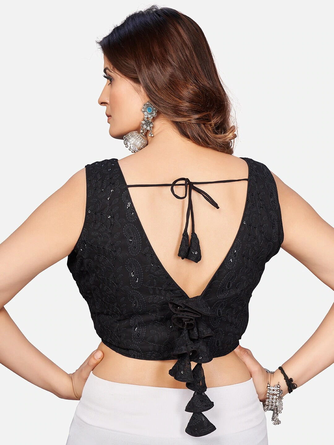 Black Embroidered Chikankari Saree Blouse For Women