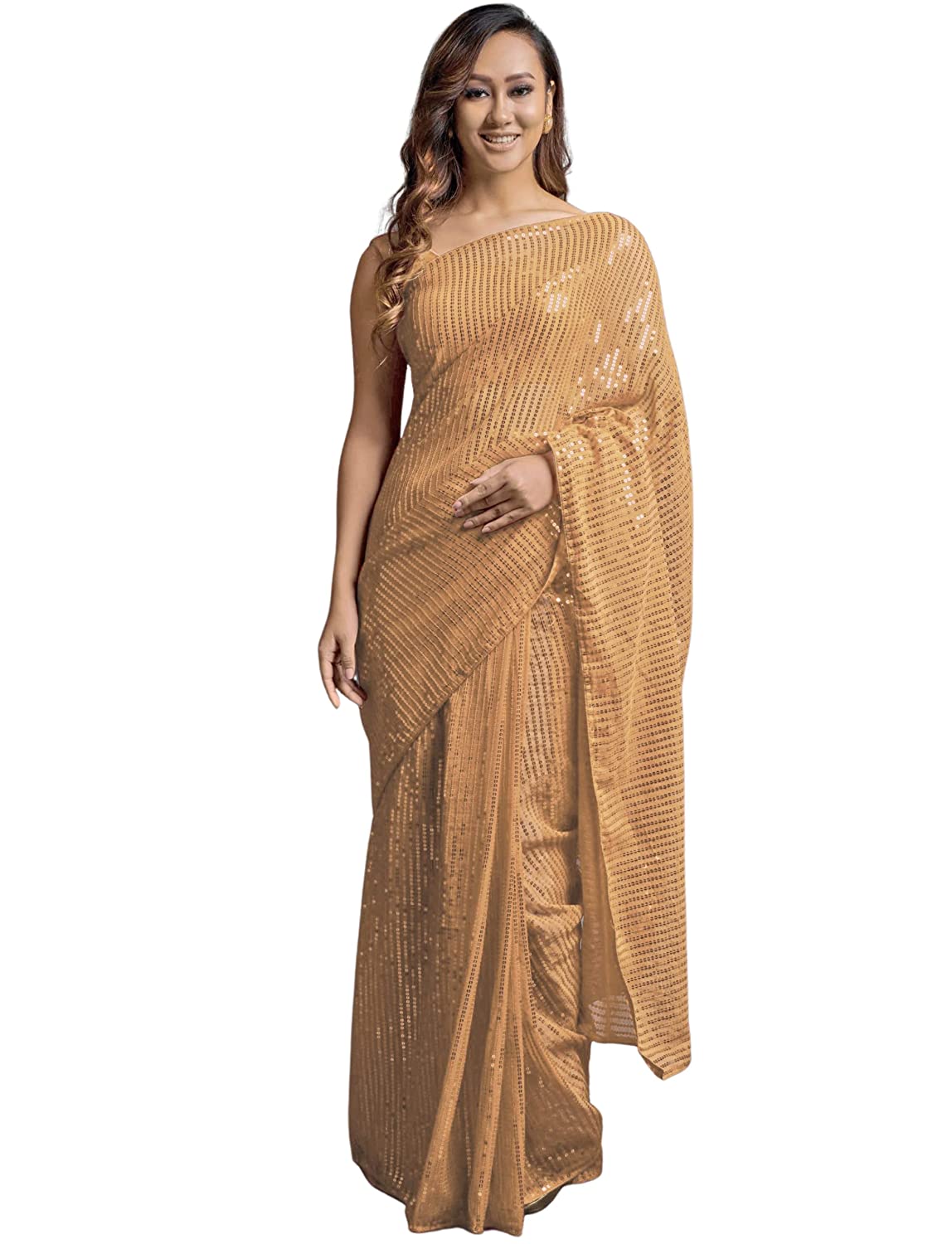 Georgette Sequence Beige Solid Saree For Women