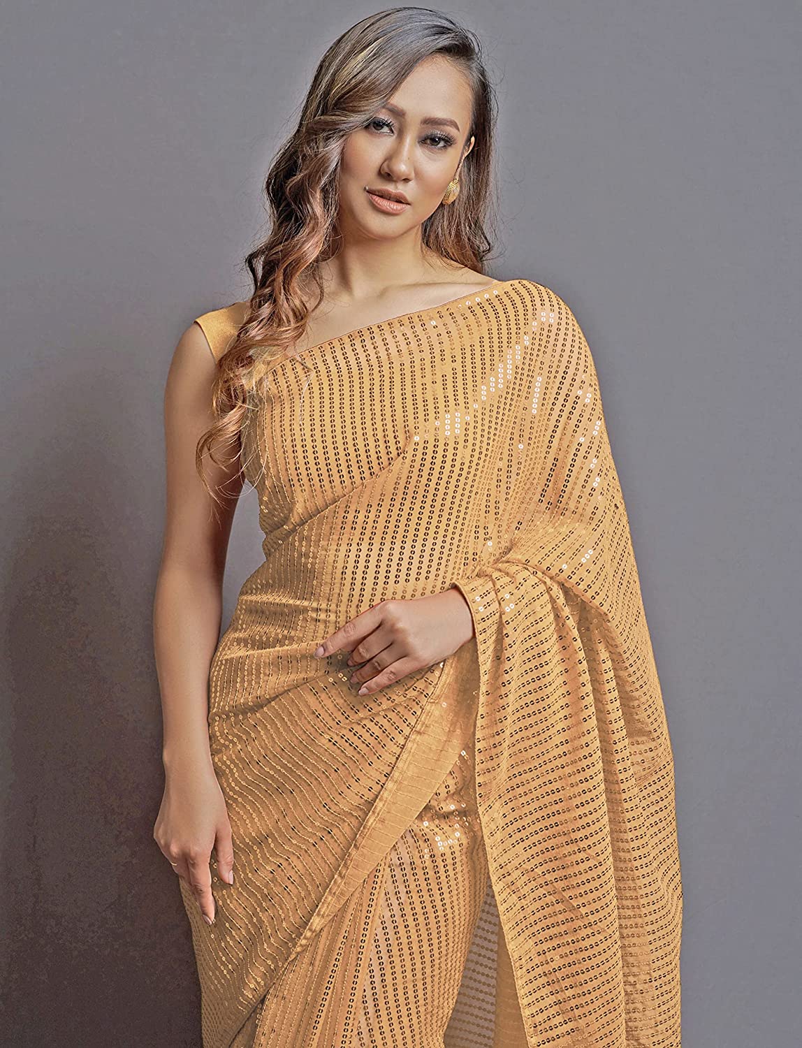Georgette Sequence Beige Solid Saree For Women