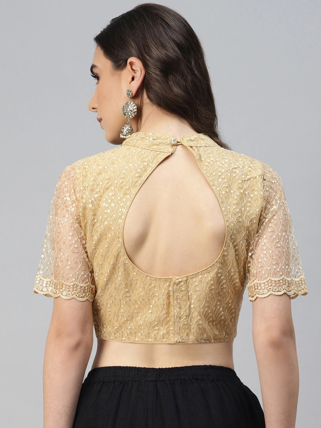 Golden Sequinned Net Saree Blouse For Women