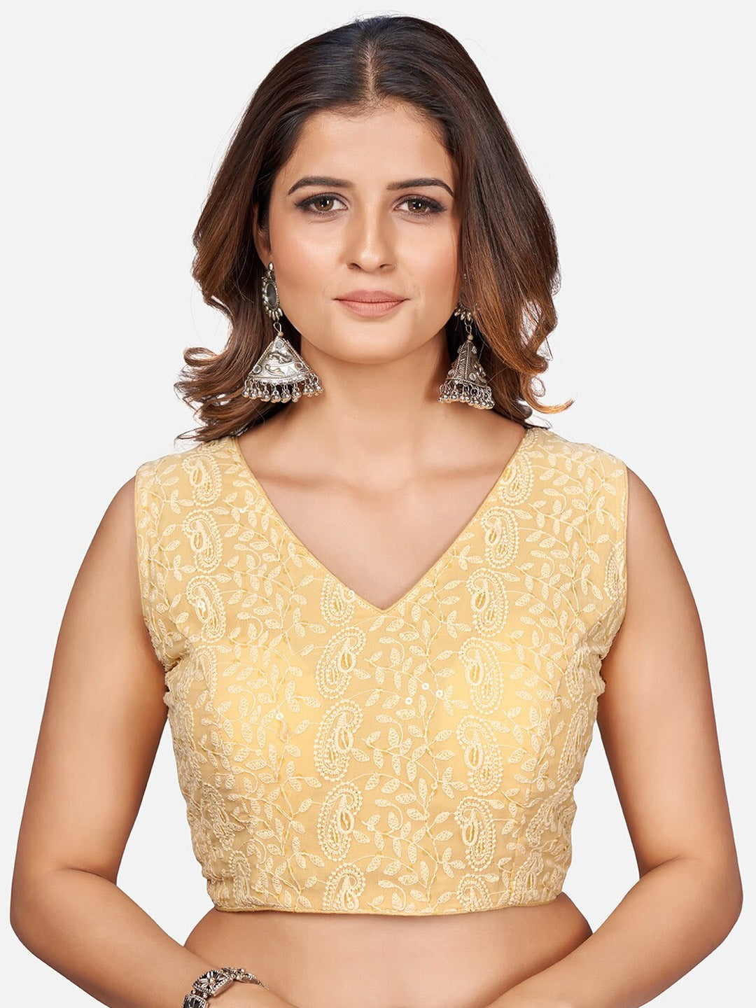 Golden Embroidered Chikankari Saree Blouse For Women