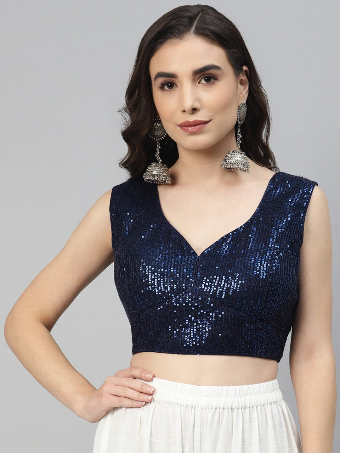 Women Navy Blue Sequined Padded Saree Blouse