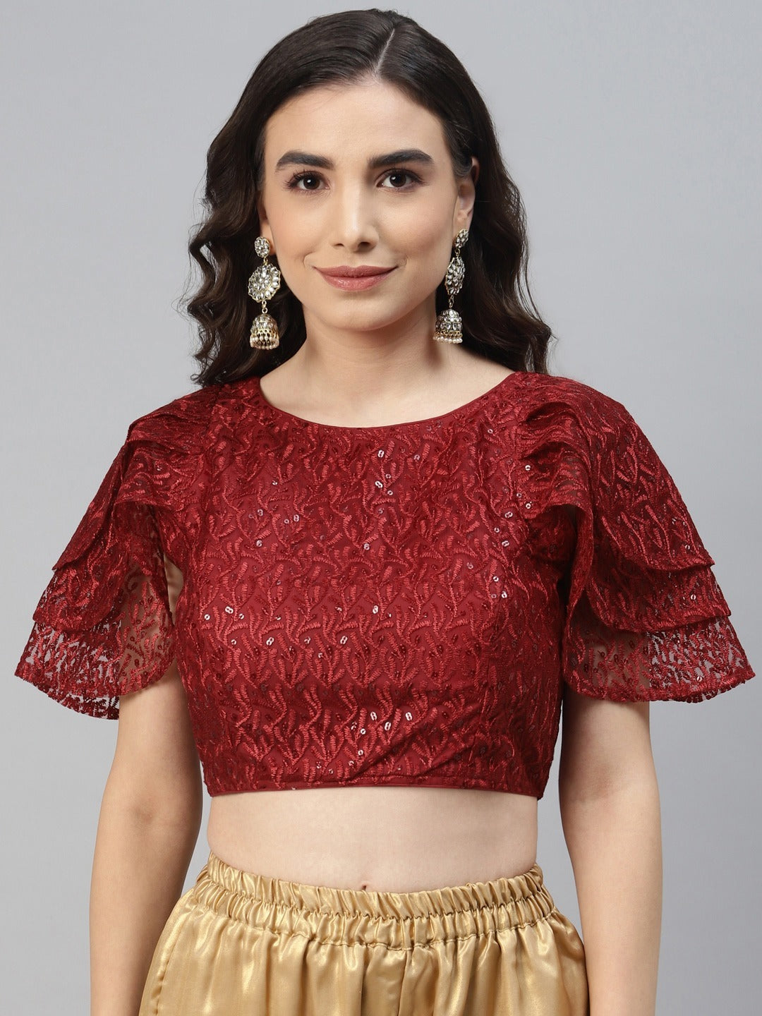Women Maroon Sequined Padded Saree Blouse
