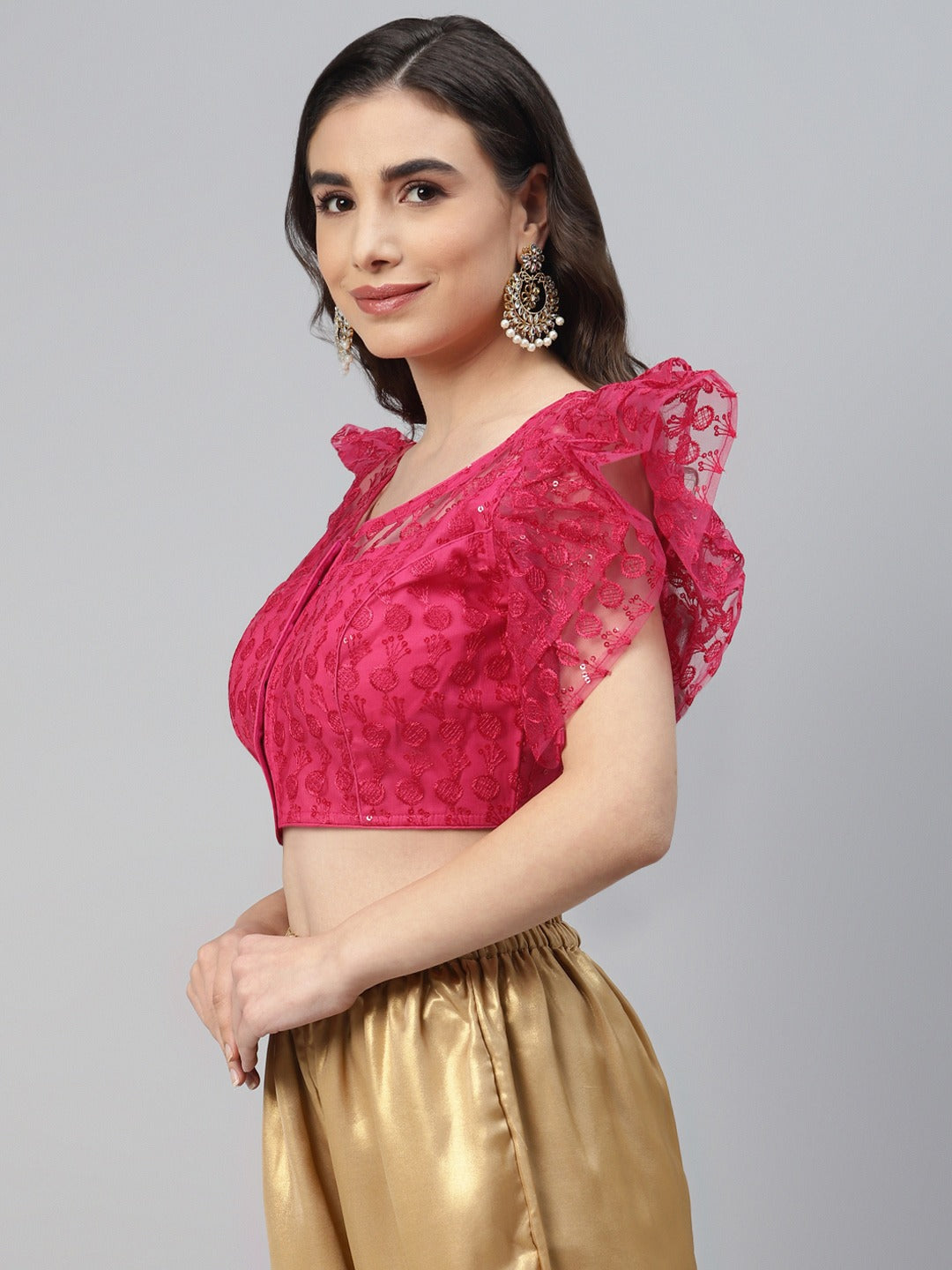 Pink Sequinned Georgette Net Saree Blouse For Women