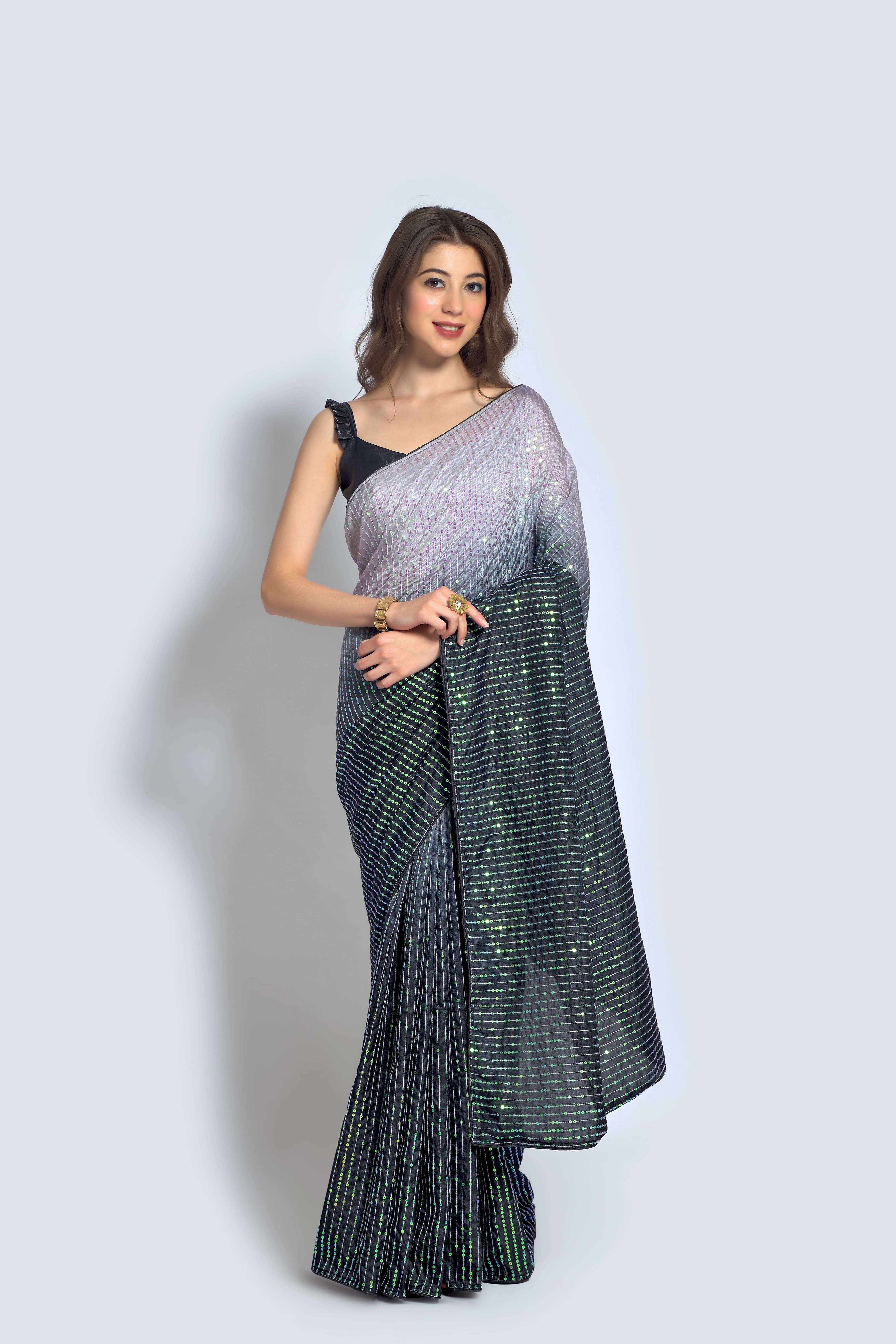 Beautiful Sequance Embroidery Grey Saree For Women