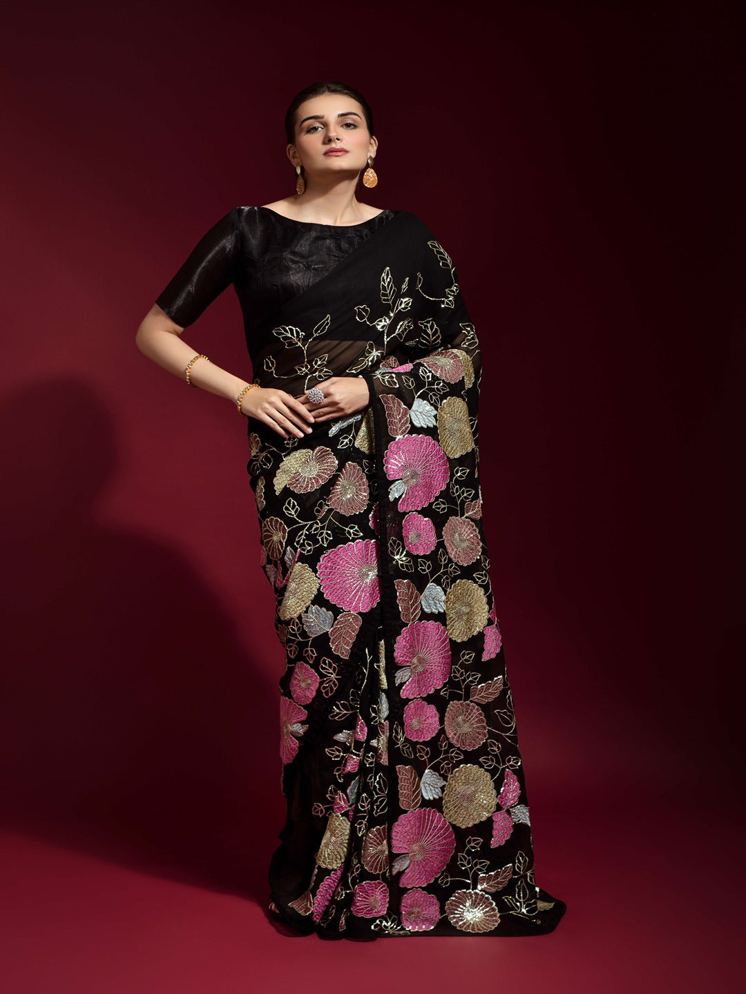 Women Black Floral Embroidered Saree