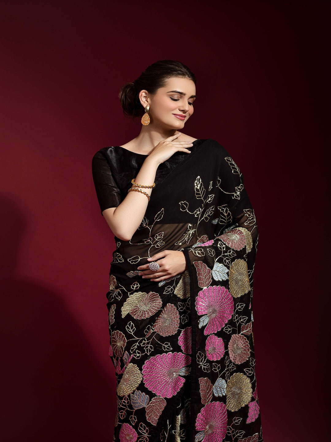 Women Black Floral Embroidered Saree