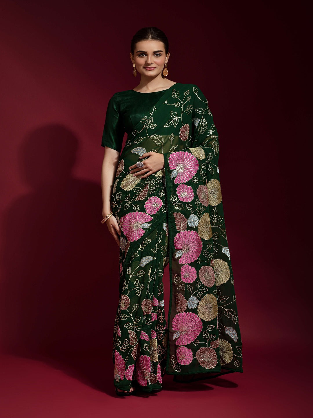 Women Green Floral Embroidered Saree