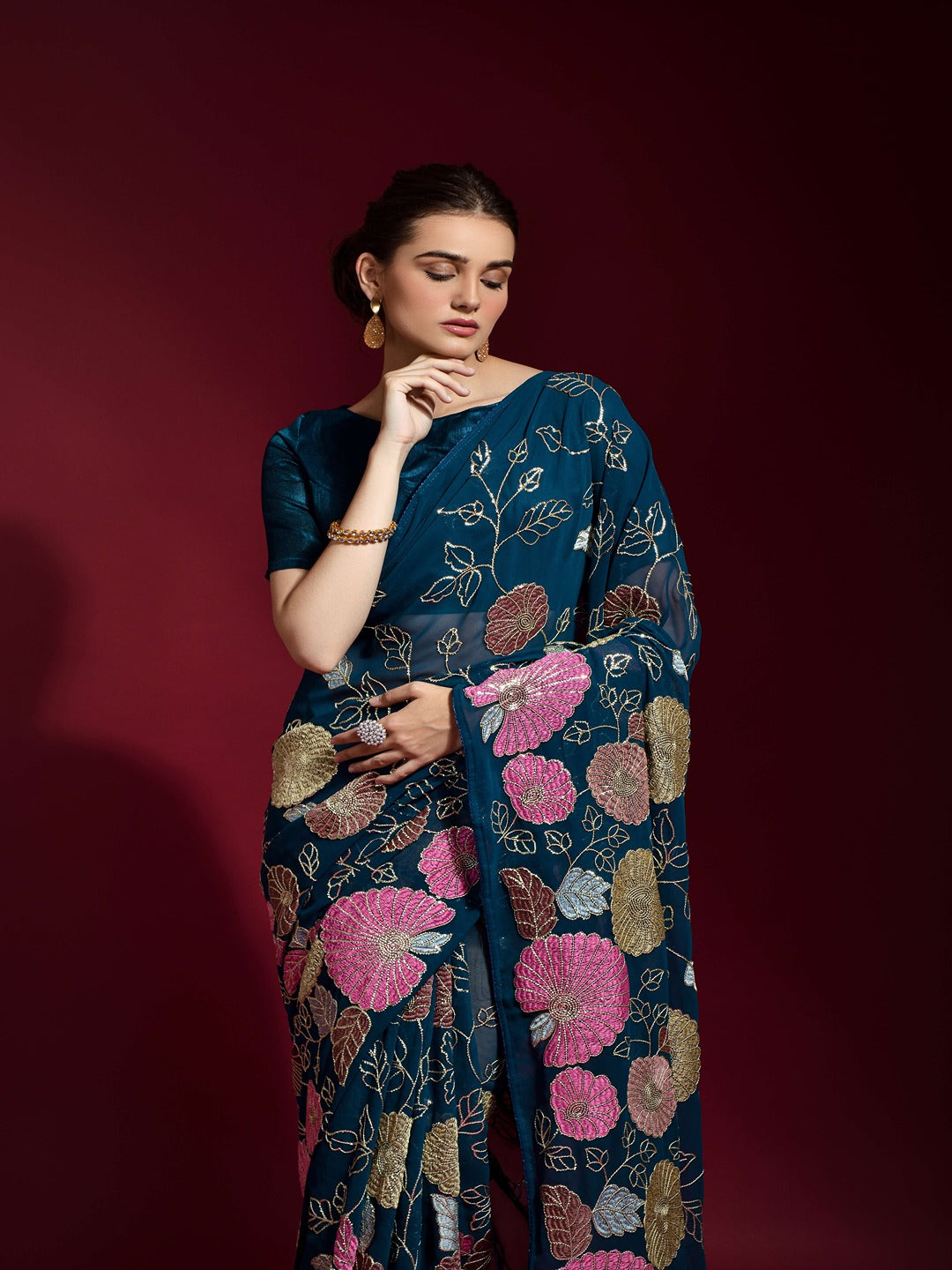 Women Teal Blue Floral Embroidered Saree