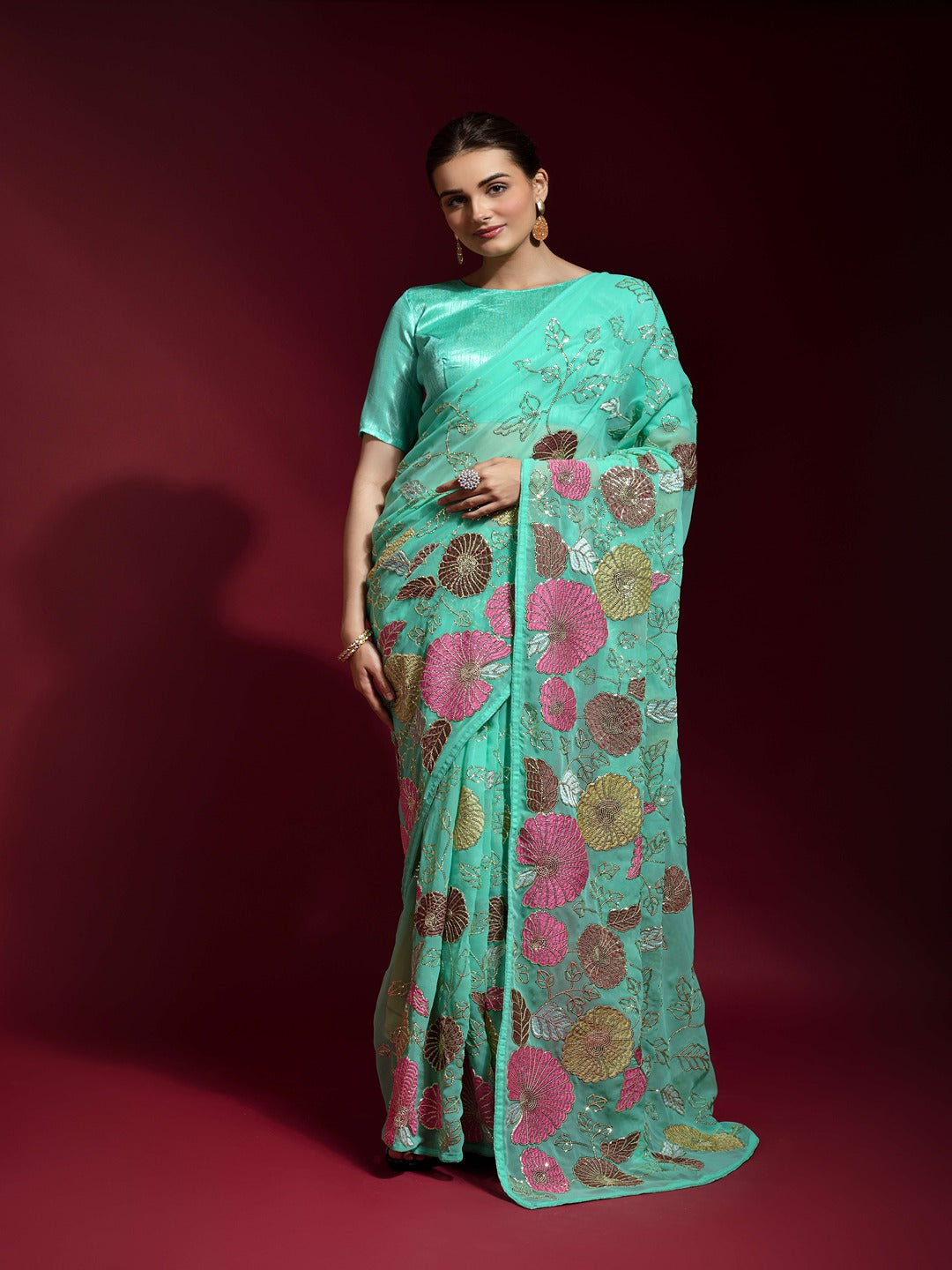 Women Sky Blue Floral Embroidered Saree