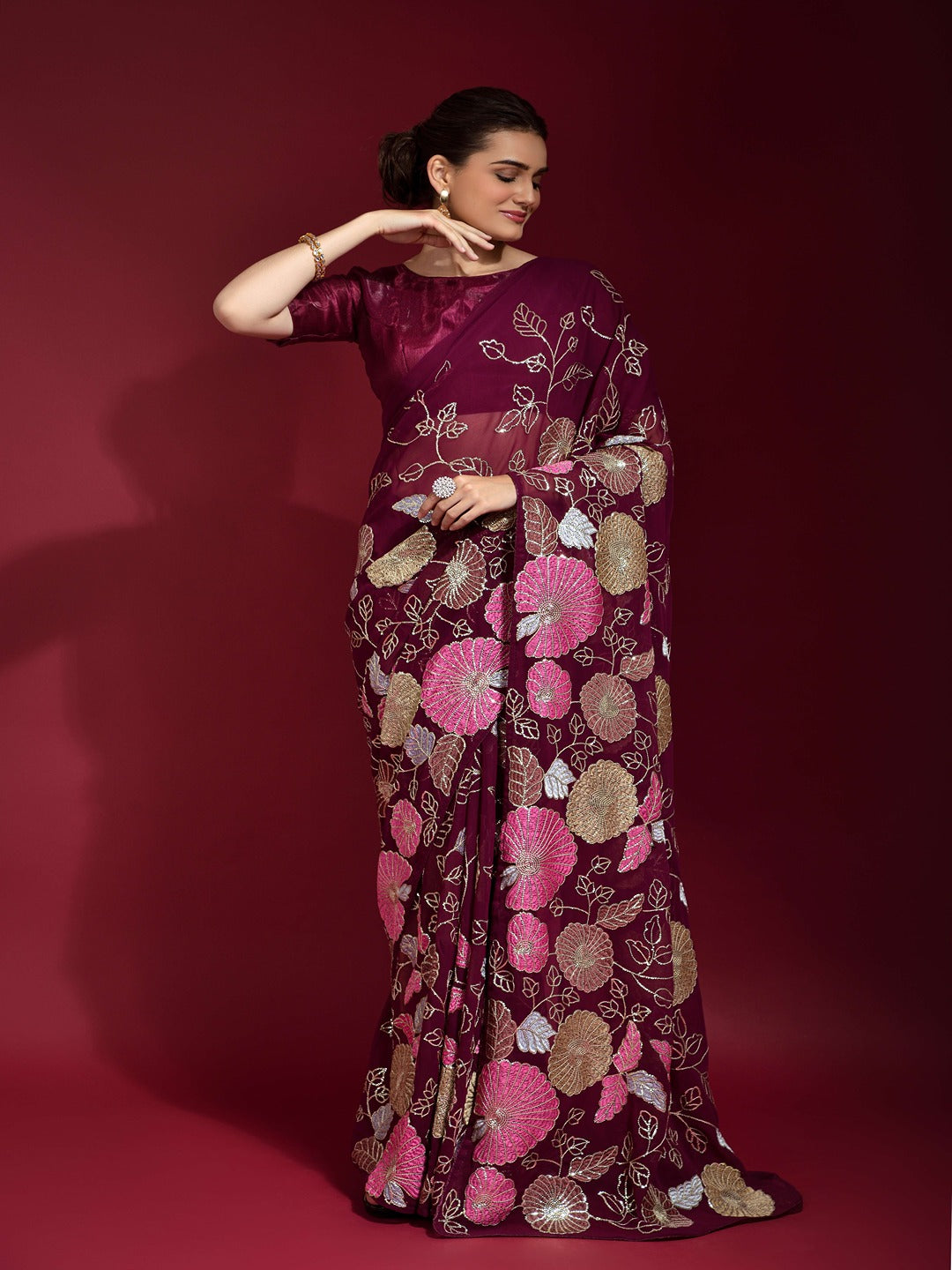 Women Maroon & Pink Floral Embroidered Saree