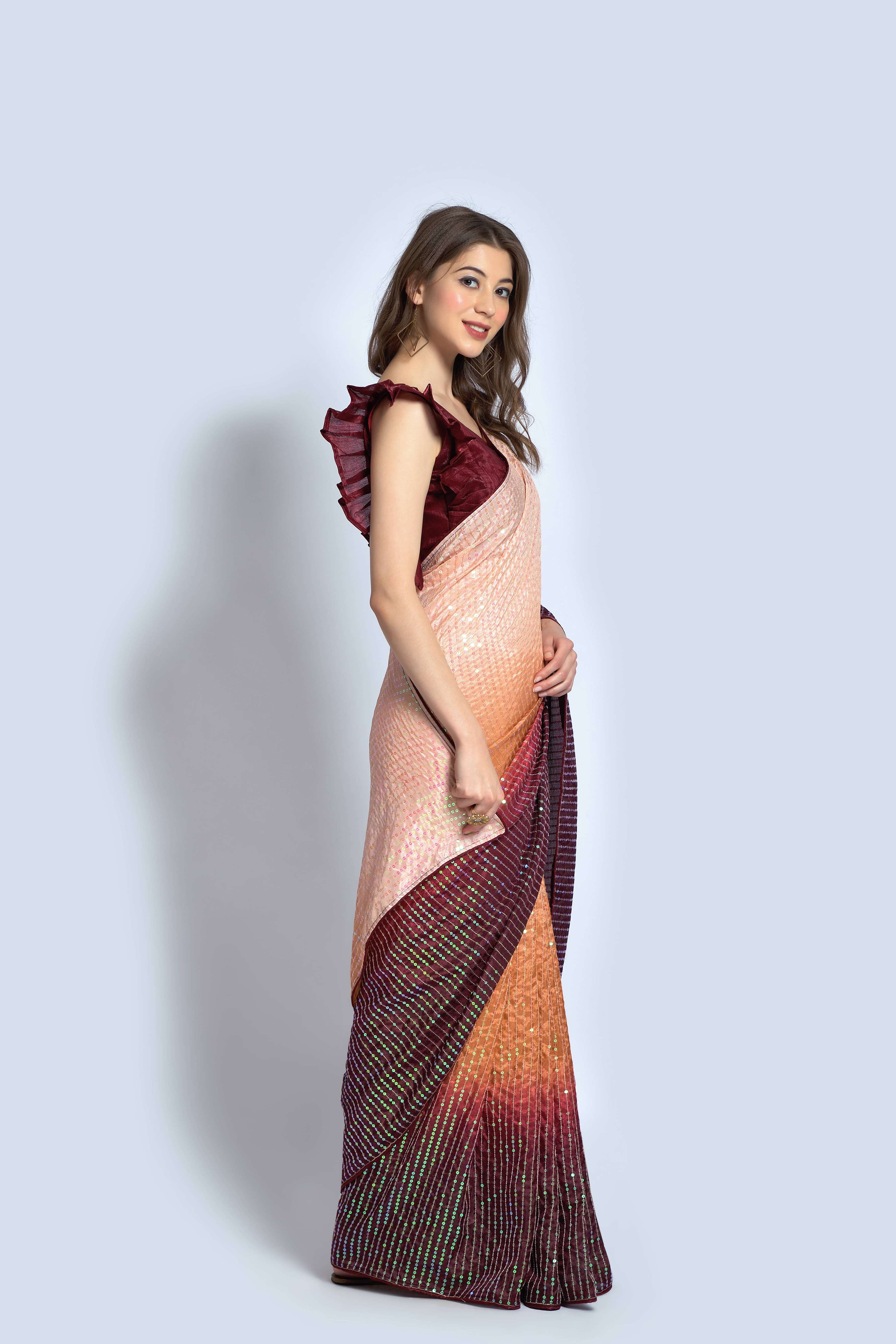 Beautiful Sequance Embroidery Maroon Saree For Women